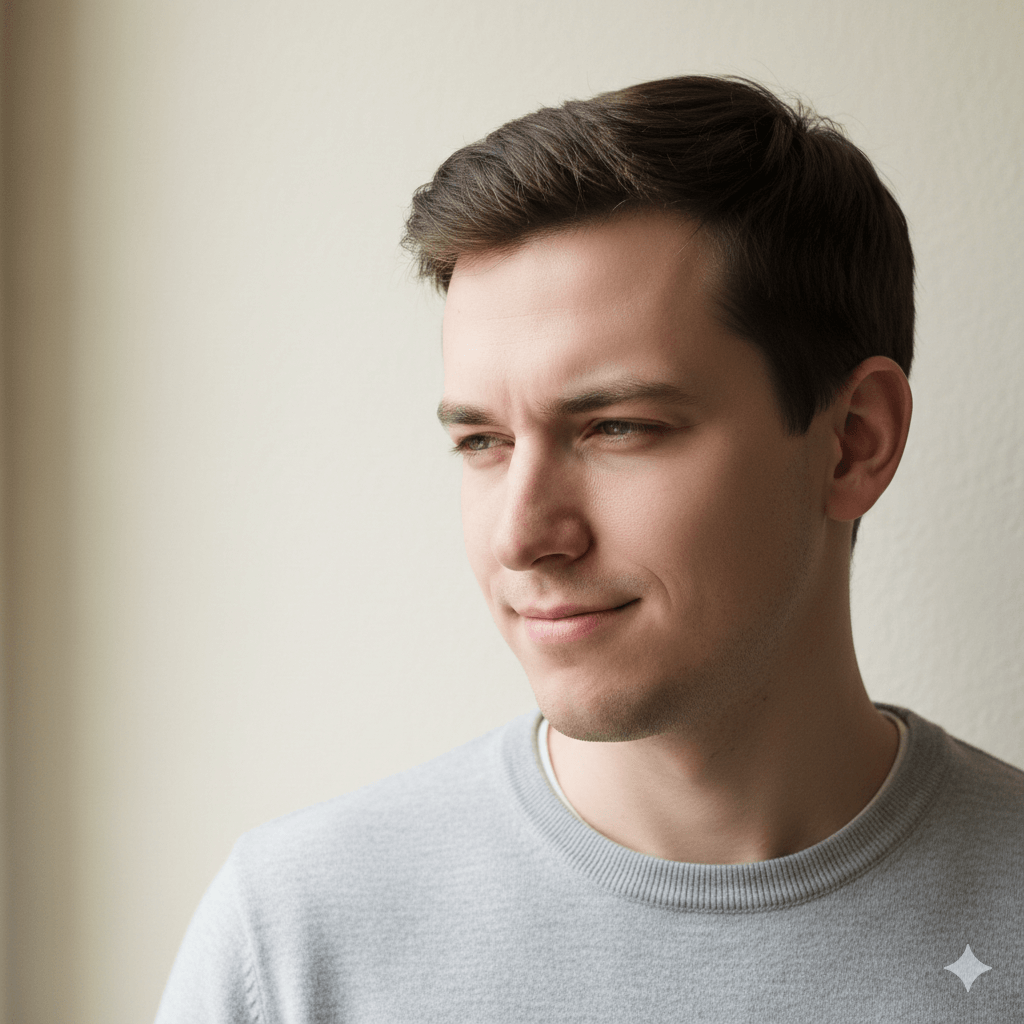 Young man in a light gray sweater looking thoughtfully out of a window against a plain background