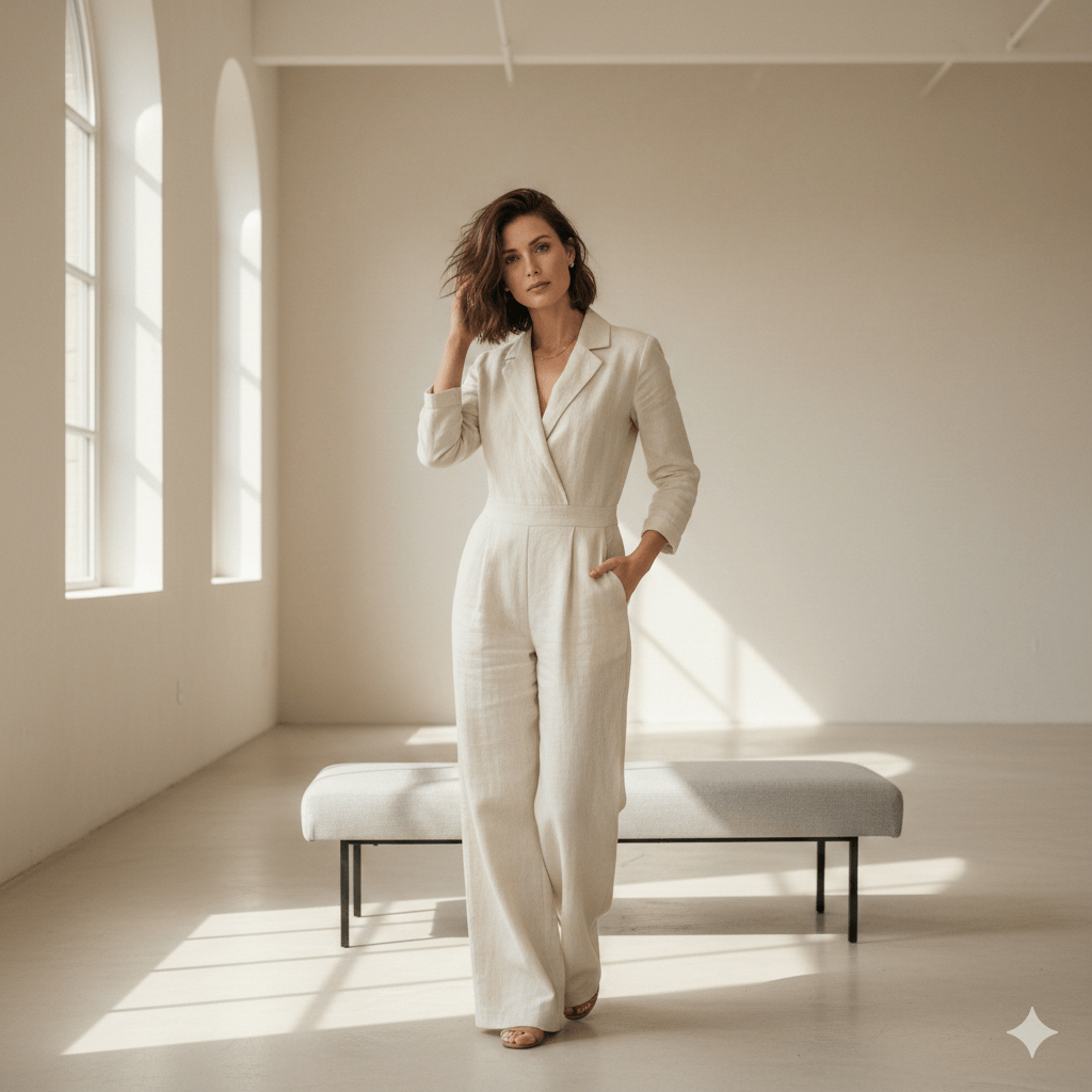 Woman in a beige linen jumpsuit standing in a sunlit minimalist room with arched windows and a bench.
