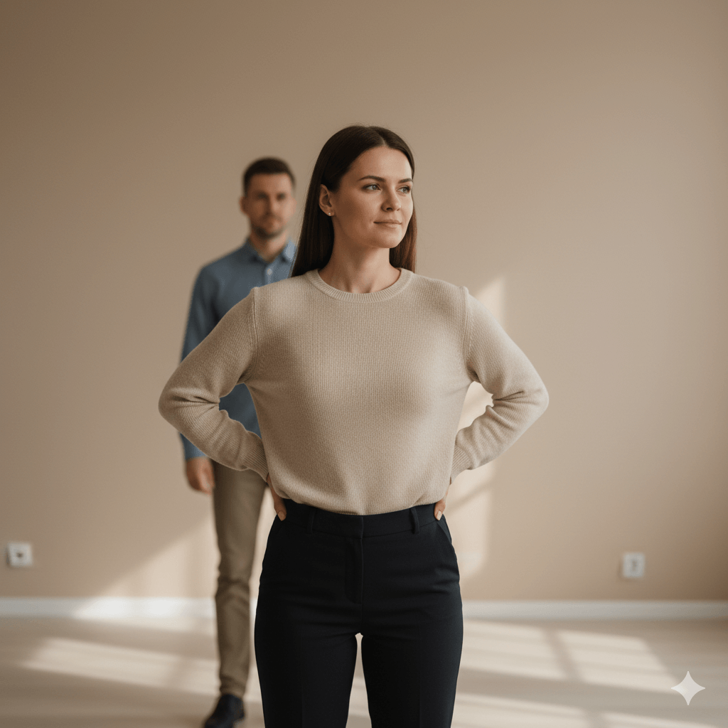 Confident woman in beige sweater and black pants standing with hands on hips, man in blue shirt blurred in background.