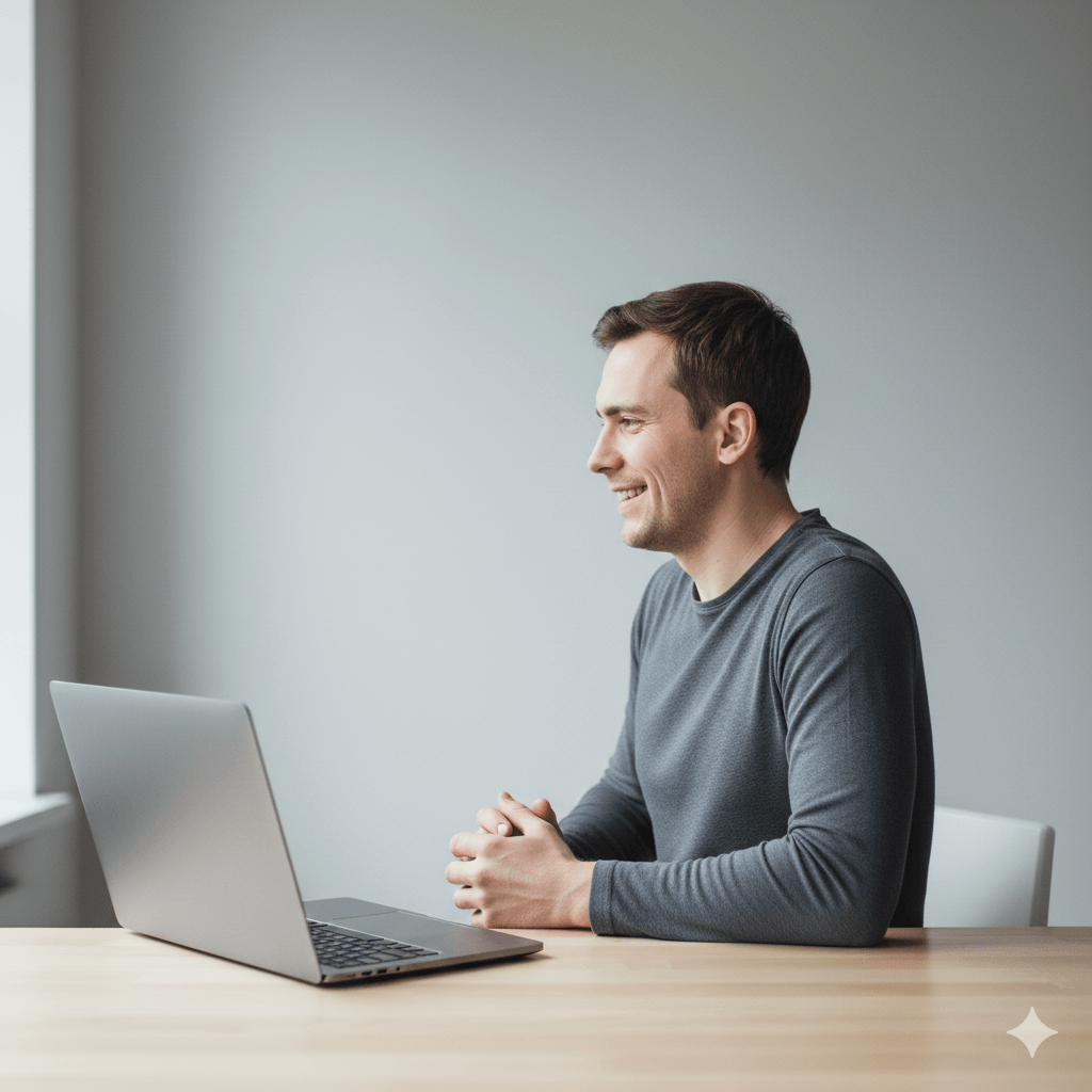 Man in gray long-sleeve shirt smiling and sitting at a wooden table using a silver laptop near a window