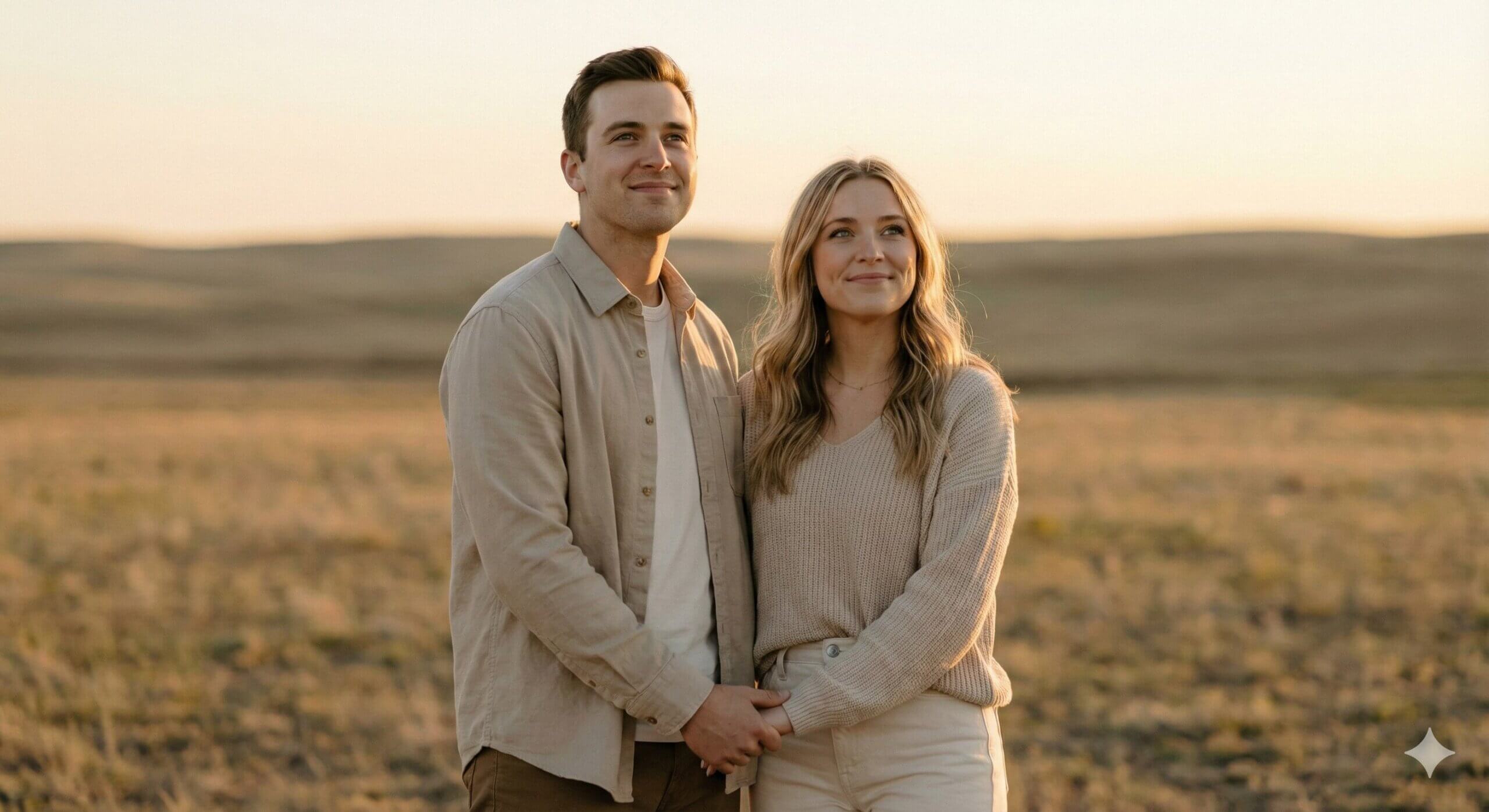 Young couple holding hands and smiling outdoors in a field during golden hour