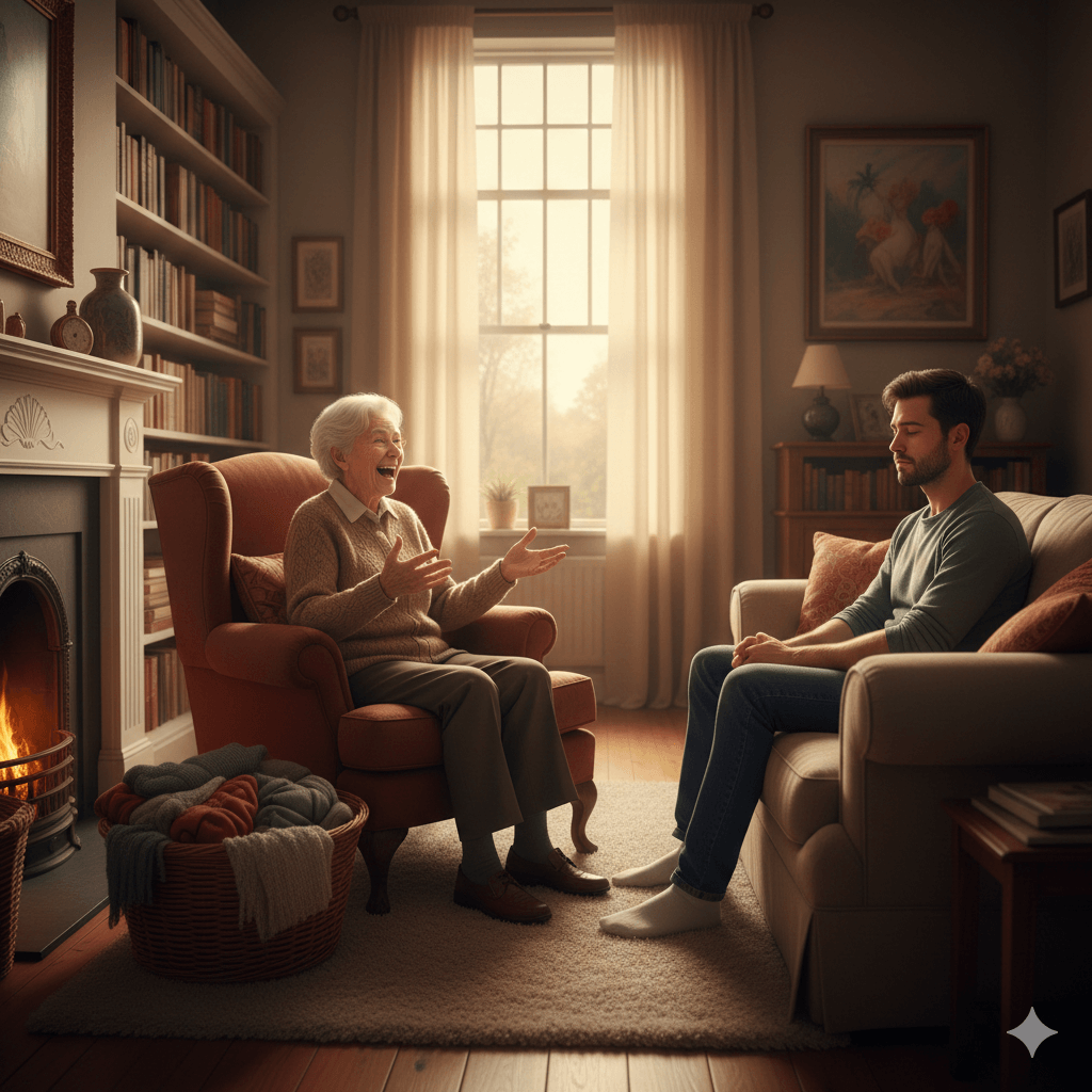 Elderly woman animatedly talking to a young man sitting quietly on a couch in a cozy living room.