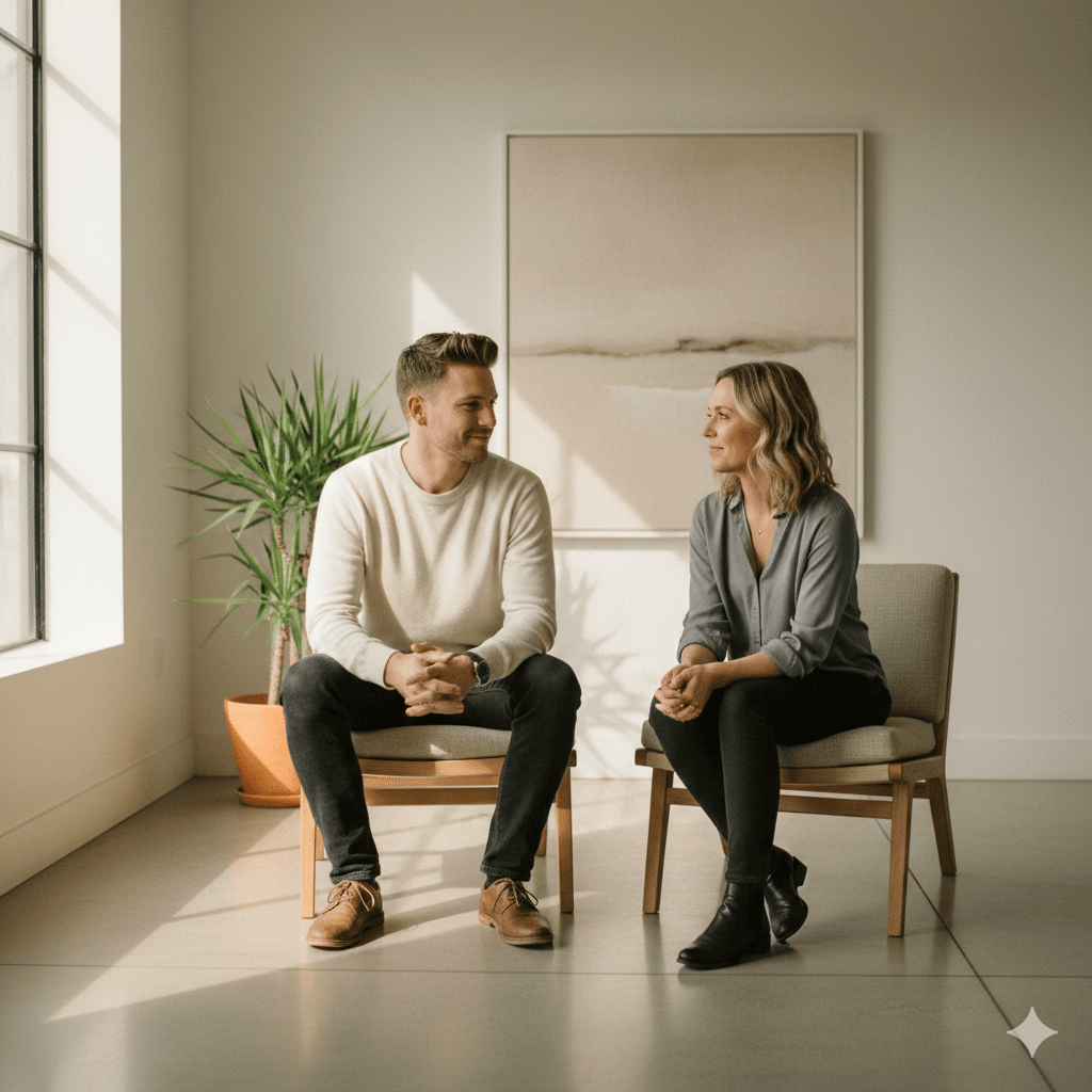 Man and woman sitting on chairs facing each other in a bright room with a potted plant and abstract wall art behind them
