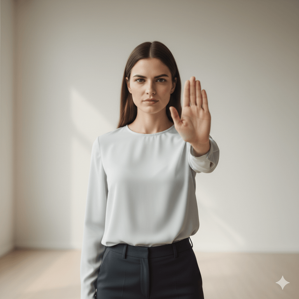 Woman in white blouse and black pants holding up her hand in a stop gesture against a plain background.