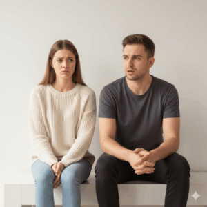 Young man and woman sitting apart looking upset and avoiding eye contact against a plain background