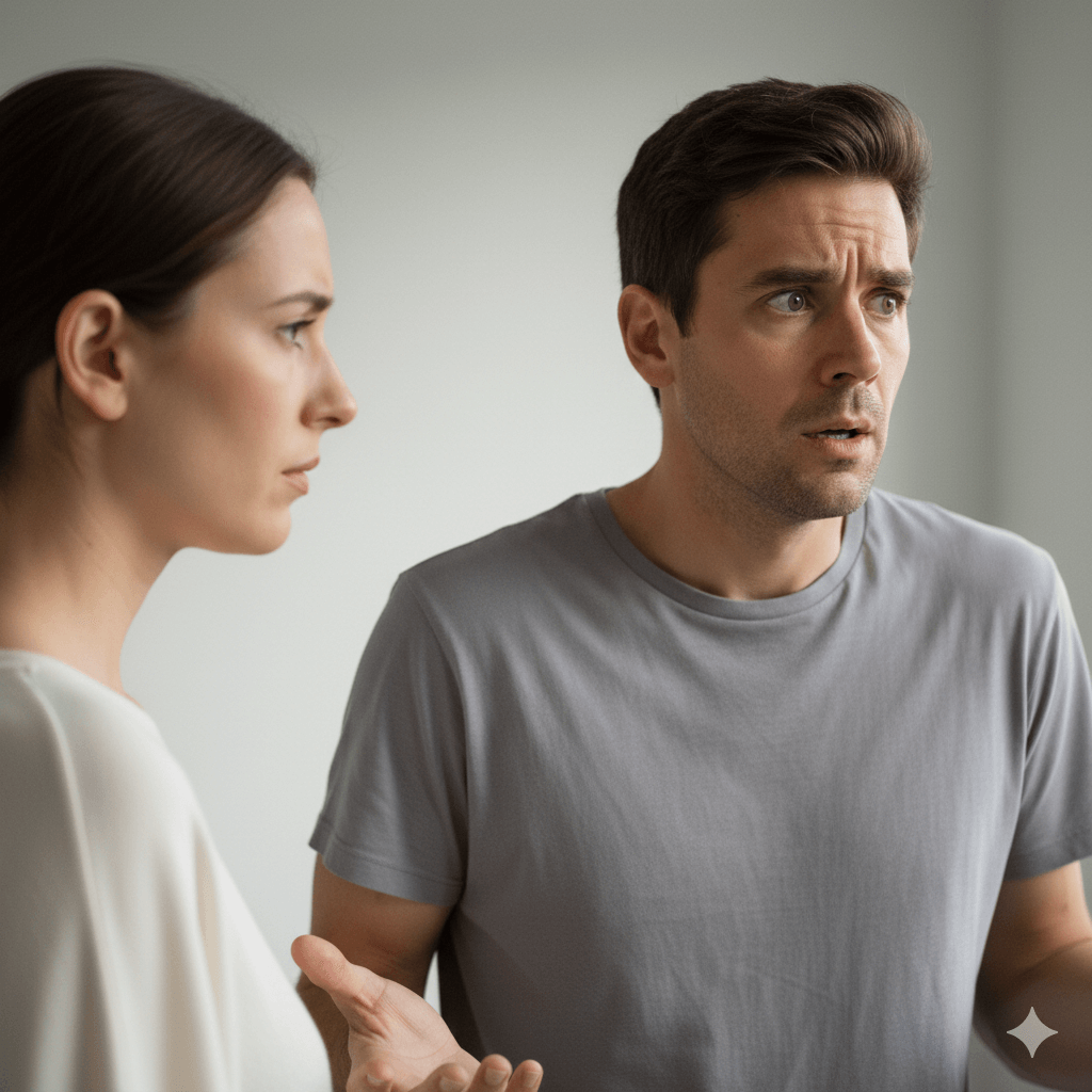 Man in gray shirt looking confused while woman in white looks at him seriously during conversation