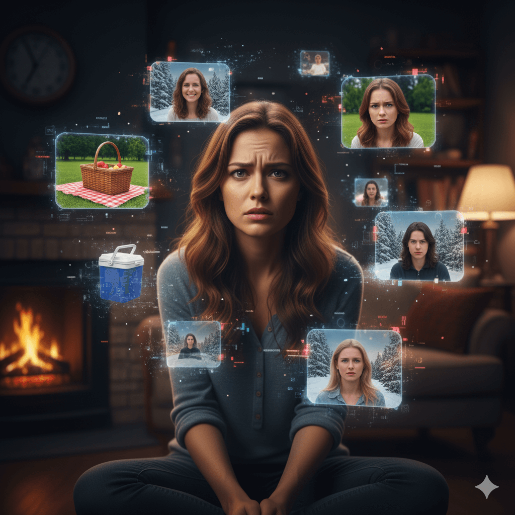 Worried woman surrounded by floating digital images of people and picnic items in a cozy living room.