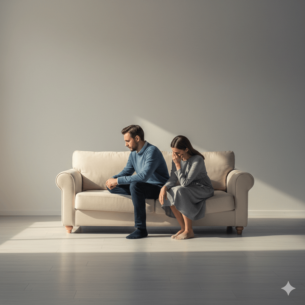 Man and woman sitting apart on beige sofa, both appearing upset and contemplative in a minimalist room.