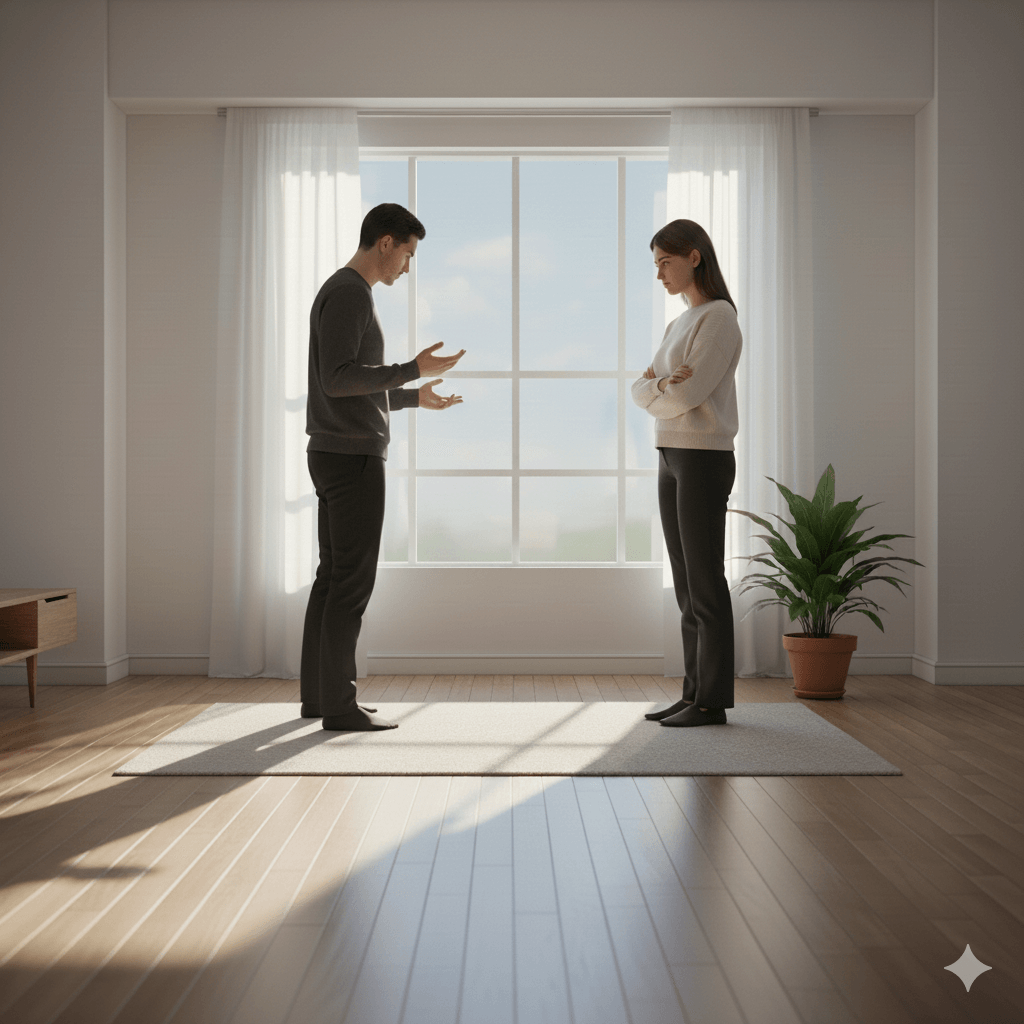 Man and woman standing and talking in a sunlit room with large window and potted plant