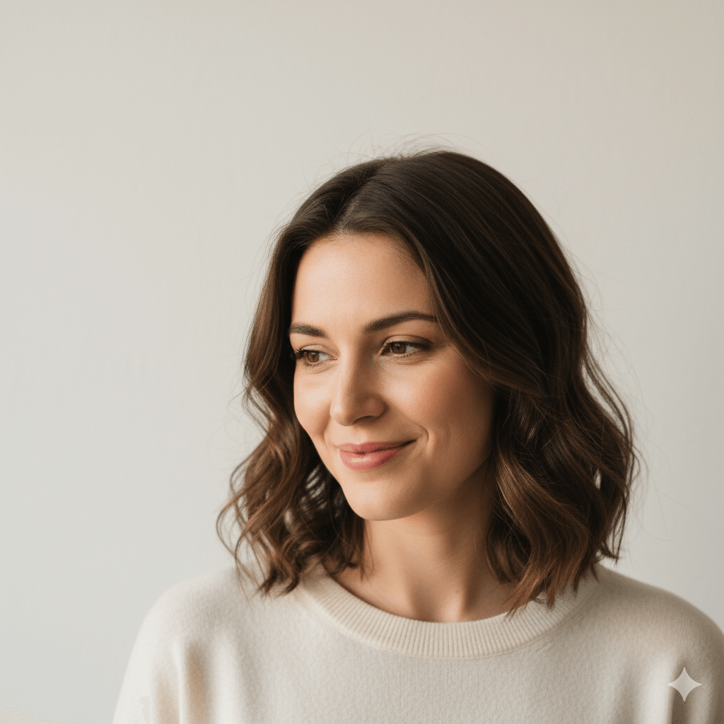 Young woman with shoulder-length brown hair wearing a cream sweater, smiling and looking to the side against a plain background.