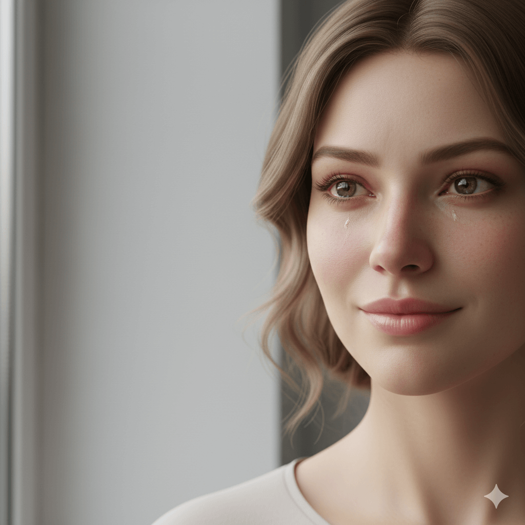 Young woman with light brown hair looking out window with tears on her cheeks and a gentle smile