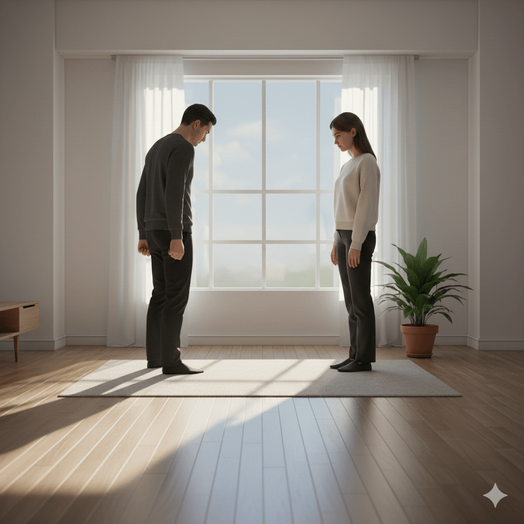 A man and woman standing silently facing each other in a sunlit room with a large window and a potted plant.