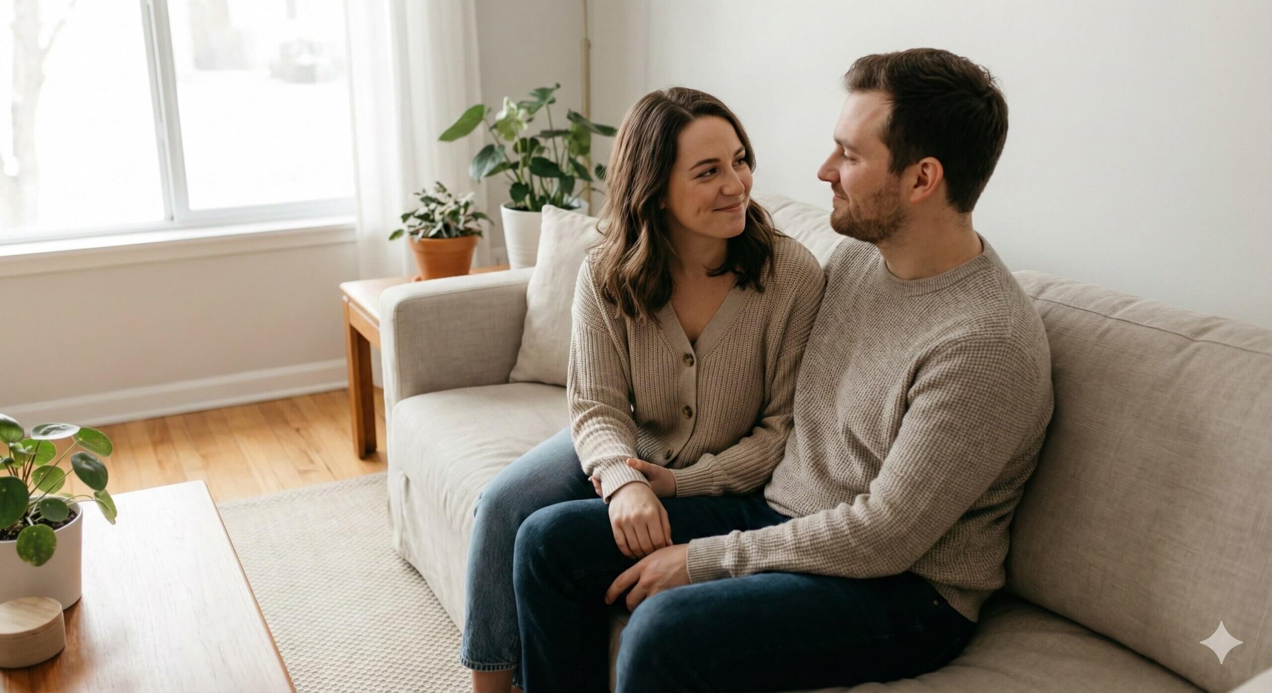 Couple sitting on a beige couch smiling and holding hands in a bright living room with plants.