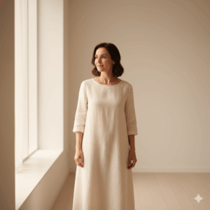 Woman in a beige long-sleeve dress standing near a window in a softly lit room