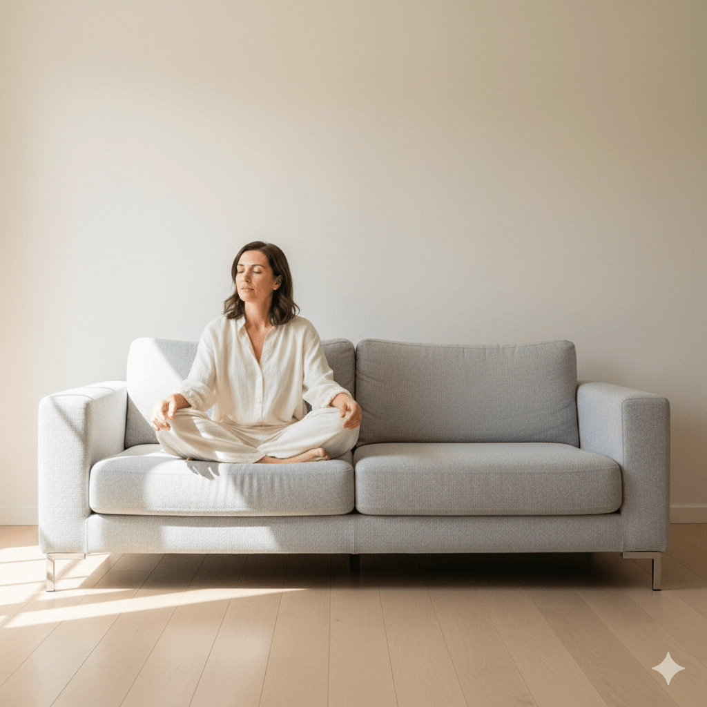 Woman meditating cross-legged on a light gray sofa in a minimalist living room with natural light.