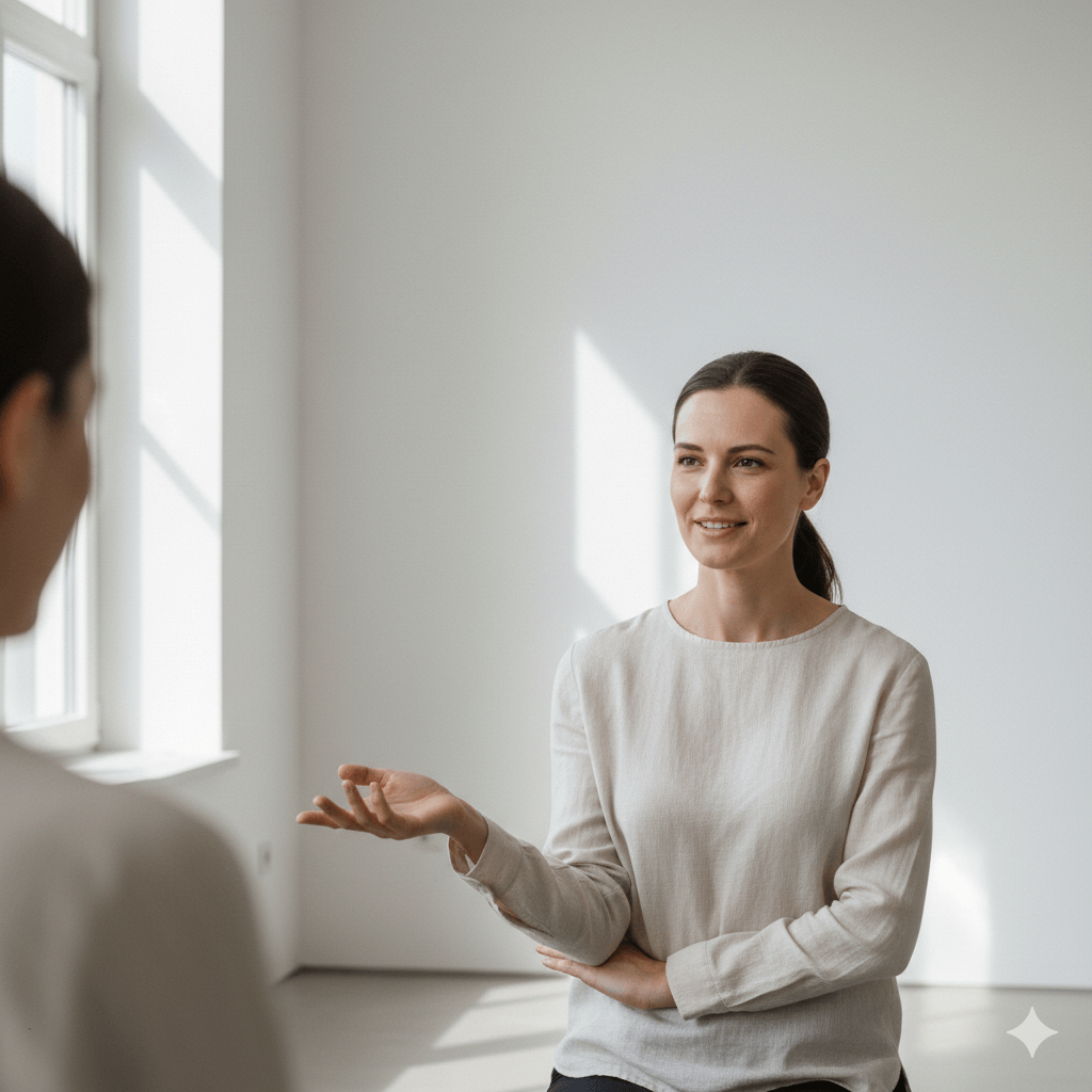Woman in beige blouse gesturing while talking to another person near a window in a bright room