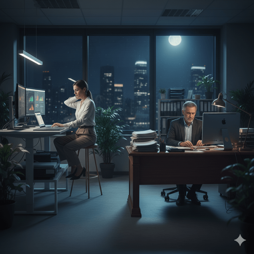 Two professionals working late in an office with city skyline and full moon visible through large windows