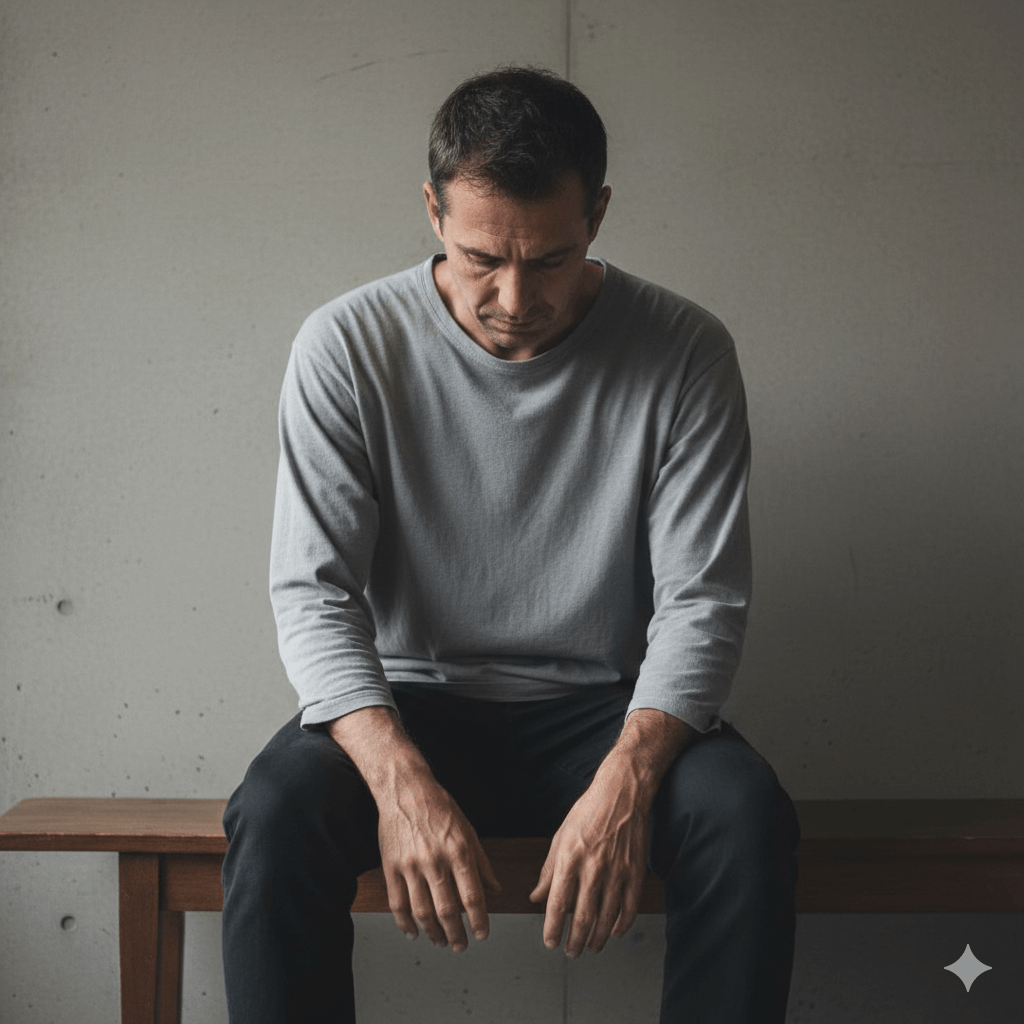 Man in gray long-sleeve shirt and black pants sitting on a wooden bench looking down with hands resting on knees
