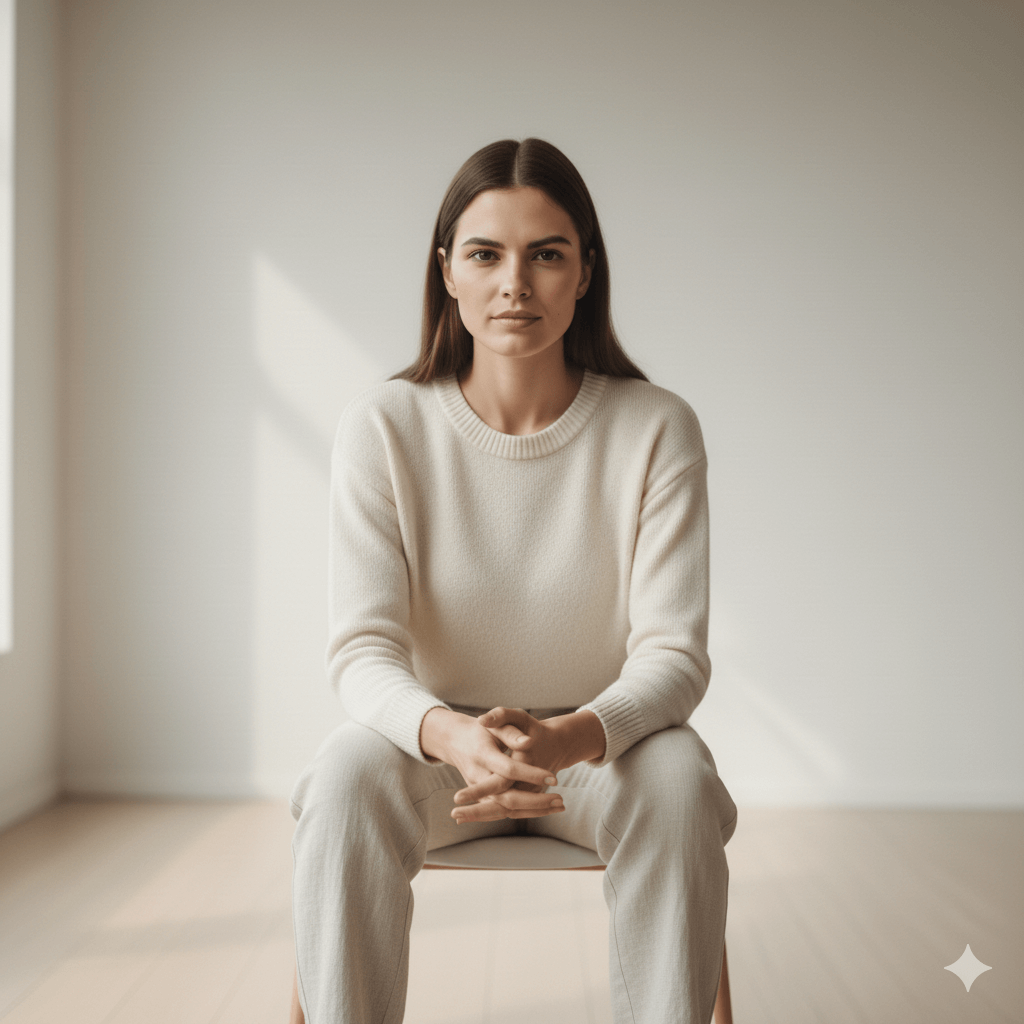 Young woman with long brown hair wearing a cream sweater and pants sitting on a chair in a bright room