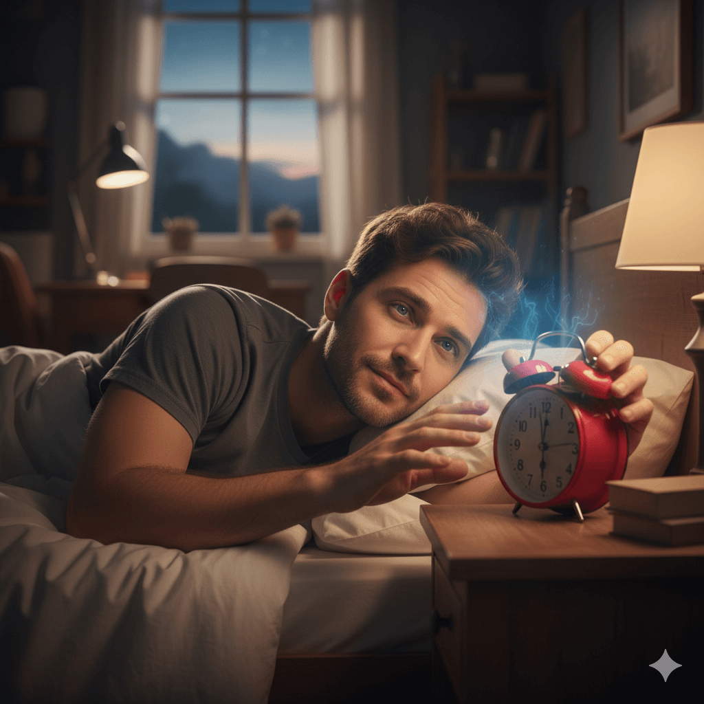Man lying in bed reaching to turn off a ringing red alarm clock at dawn in a cozy bedroom