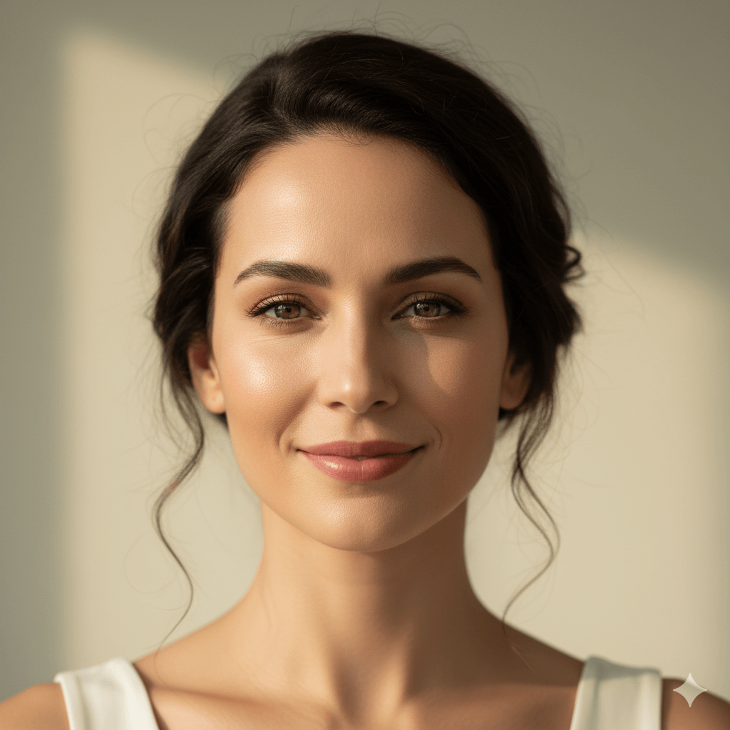 Close-up portrait of a smiling woman with brown eyes and dark hair in a white top against a neutral background.