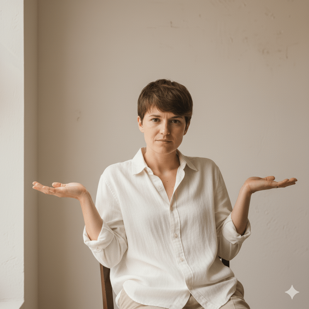 Person with short brown hair wearing a white shirt sitting with arms raised and palms facing up in a neutral background