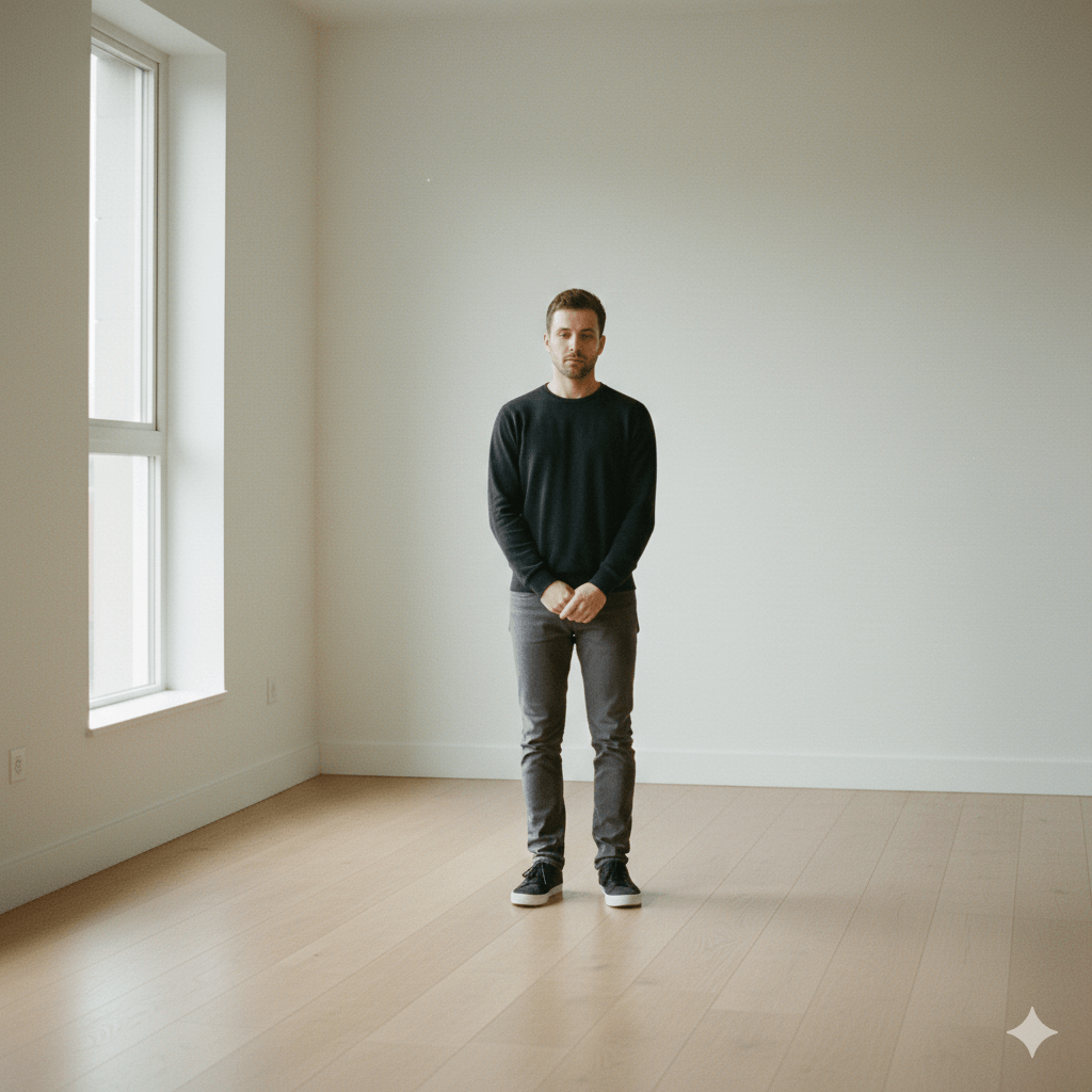 Man in black sweater and gray pants standing in empty room with wooden floor and large window