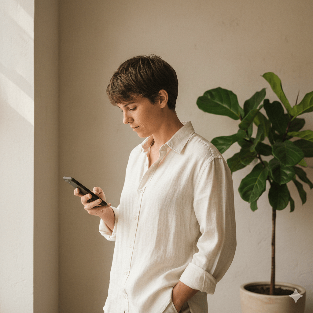 Person in white shirt looking at smartphone near potted fiddle leaf fig plant in natural light