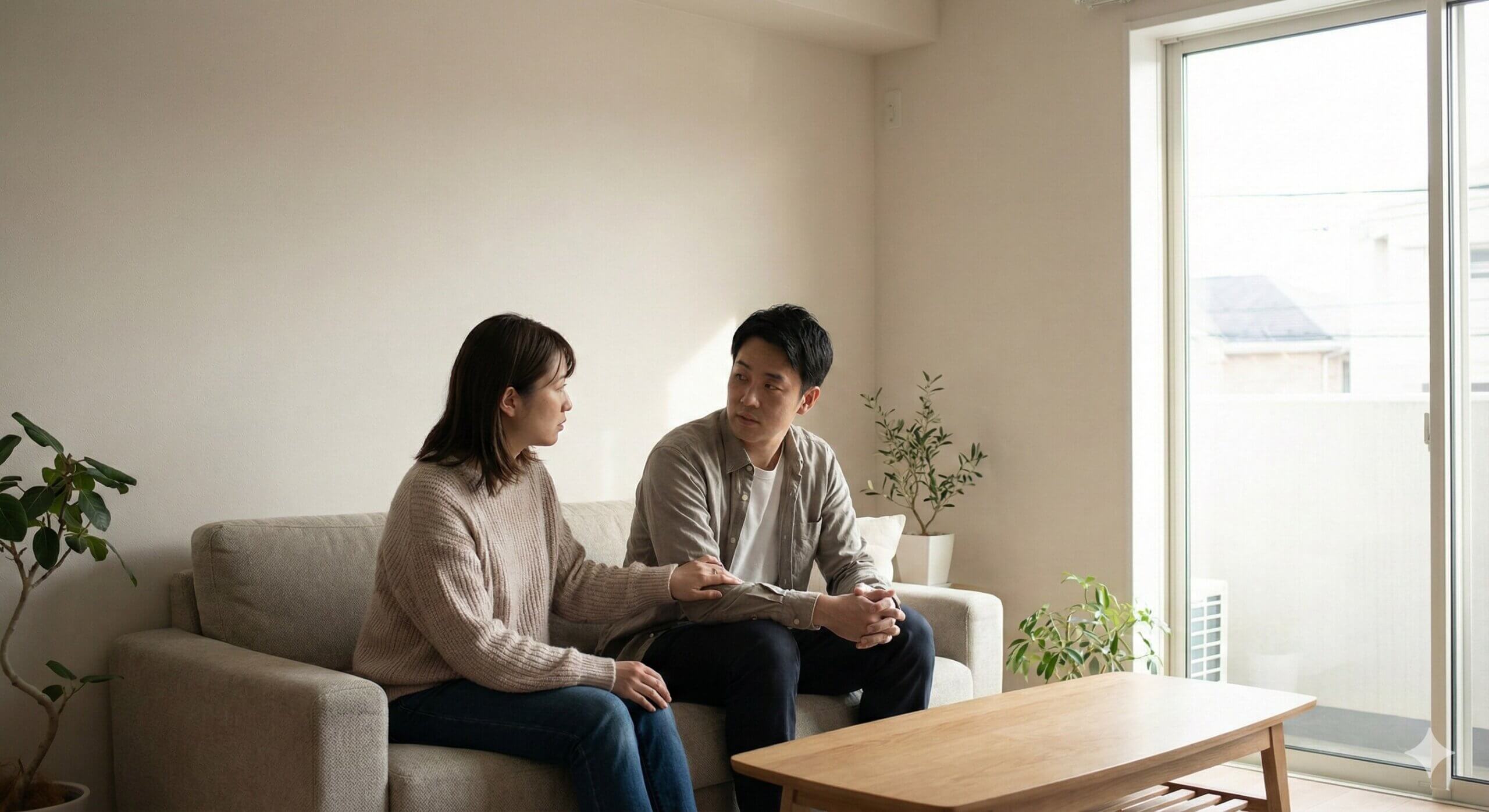 Couple sitting on a beige sofa in a bright living room having a serious conversation.