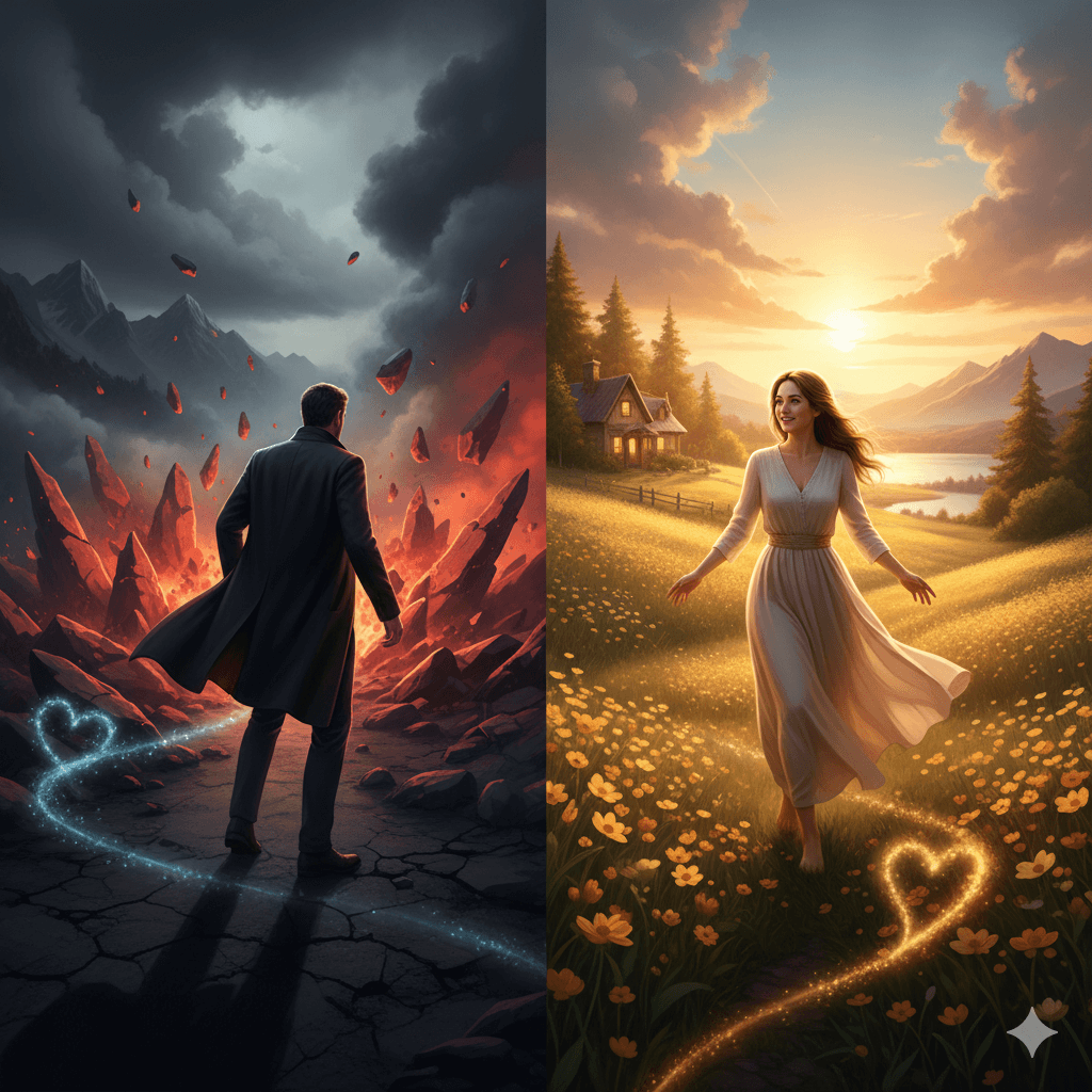 Man in dark coat facing erupting fiery rocks under stormy sky, woman in white dress walking through sunlit flower field at sunset.