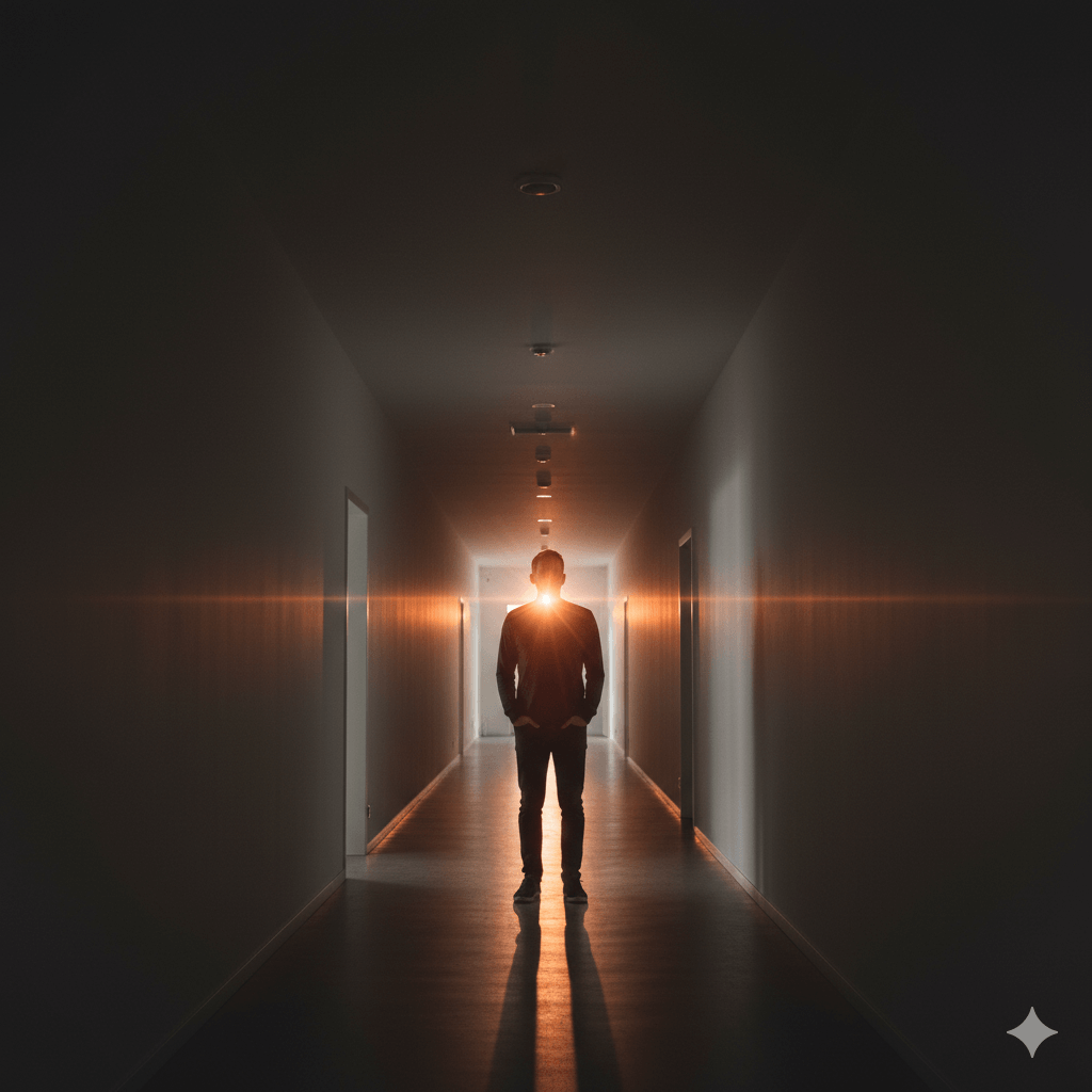 Silhouetted person standing in a dark hallway with bright light shining from behind them.