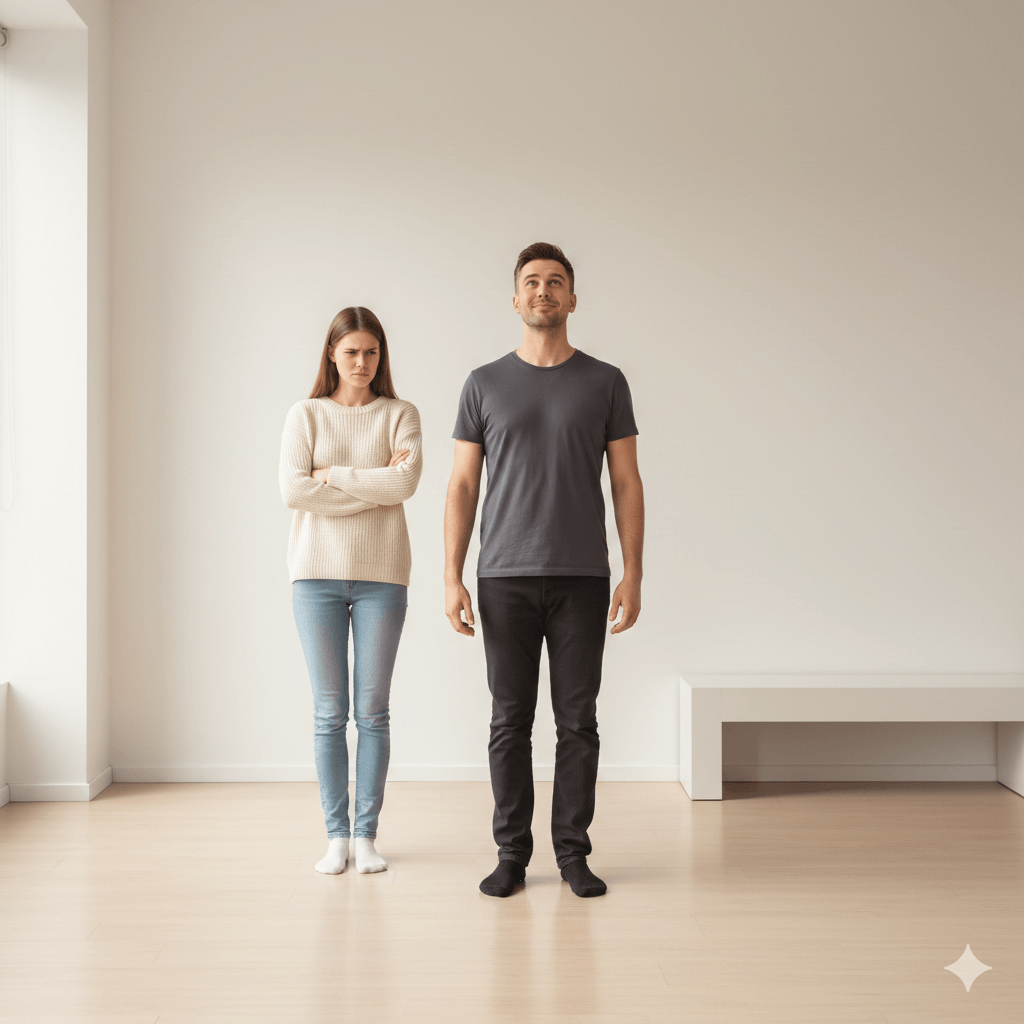 A woman with crossed arms looking upset stands next to a man in a gray t-shirt looking upward in a minimal room.