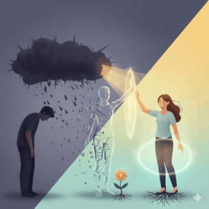 Illustration of a woman stepping through a glowing portal from a dark clouded figure to a bright space with a flower growing roots.