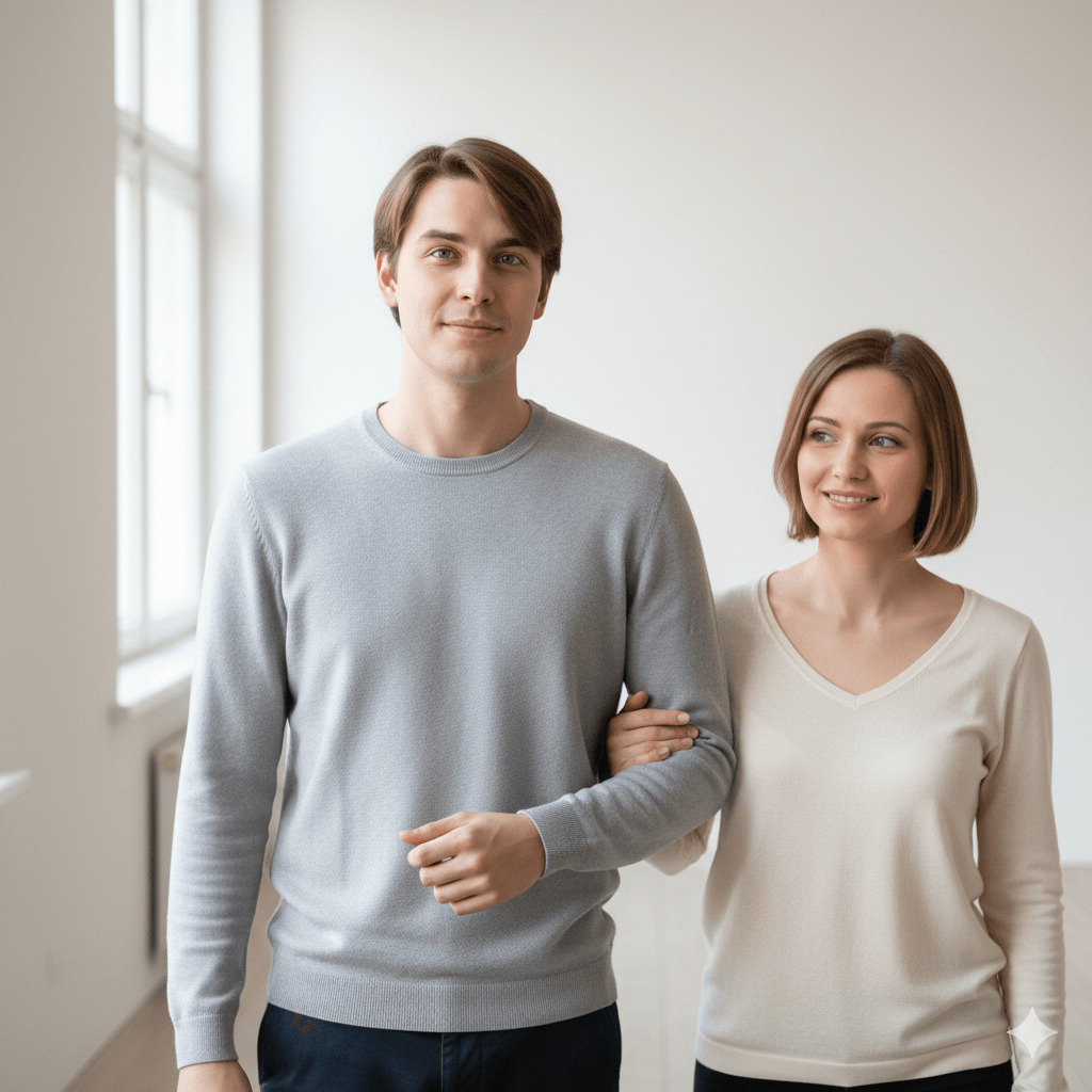 Young woman holding arm of young man indoors, both wearing casual sweaters and smiling gently.