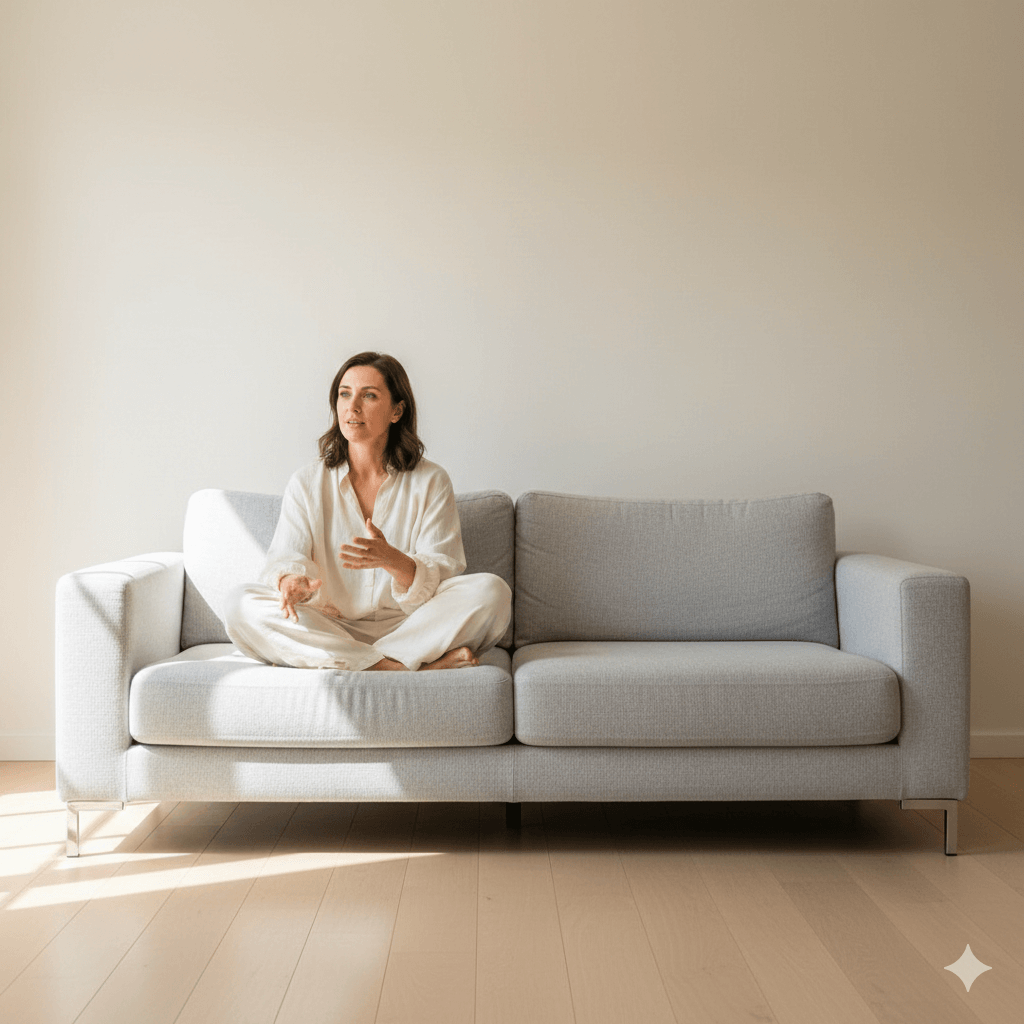 Woman in white loungewear sitting cross-legged on a light gray sofa in a minimalist room.