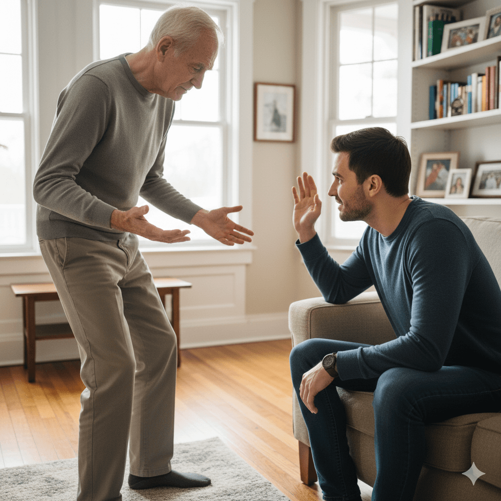 Older man and younger man having a serious conversation in a living room with bookshelves and framed photos.