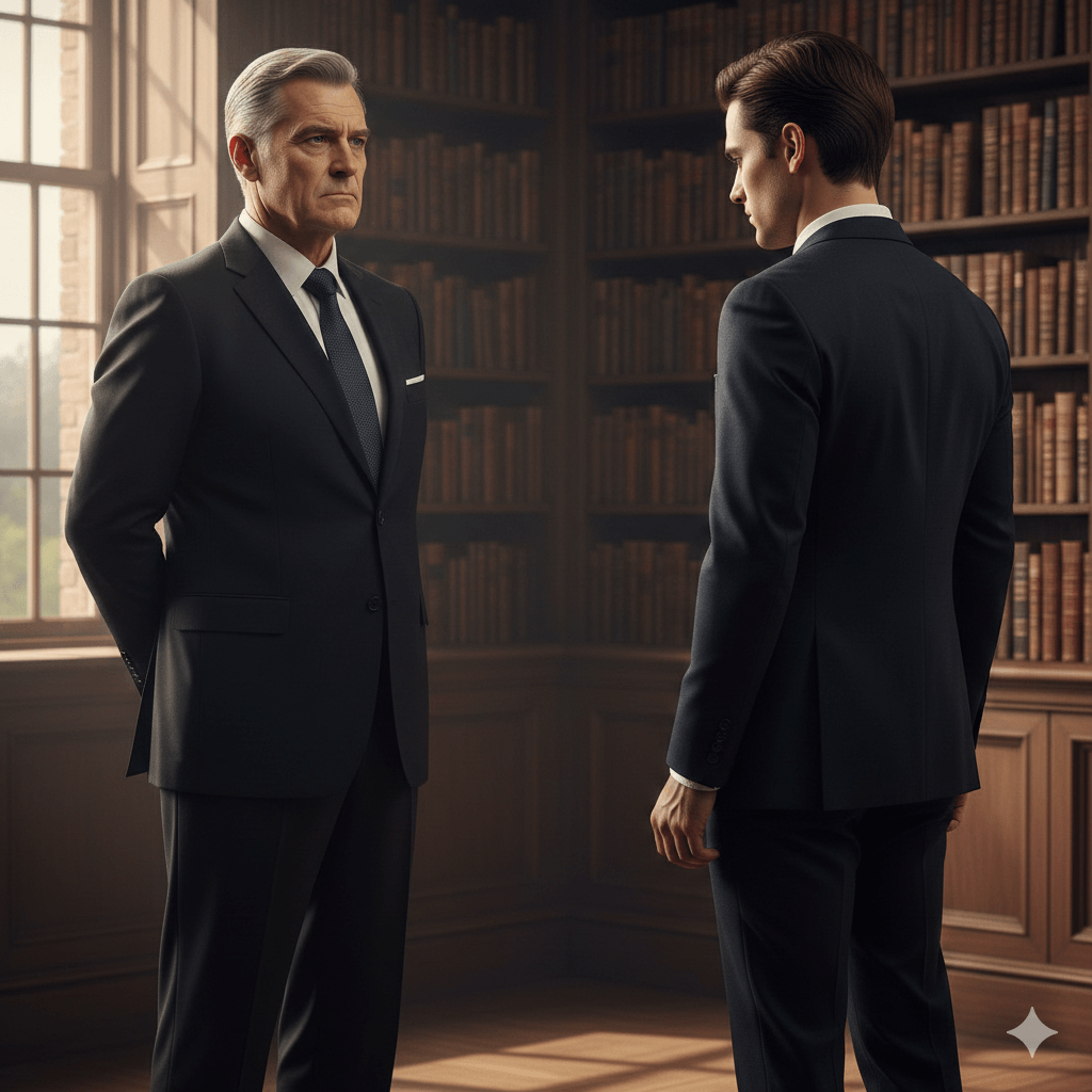 Two men in black suits facing each other in a wood-paneled library with bookshelves and a window.