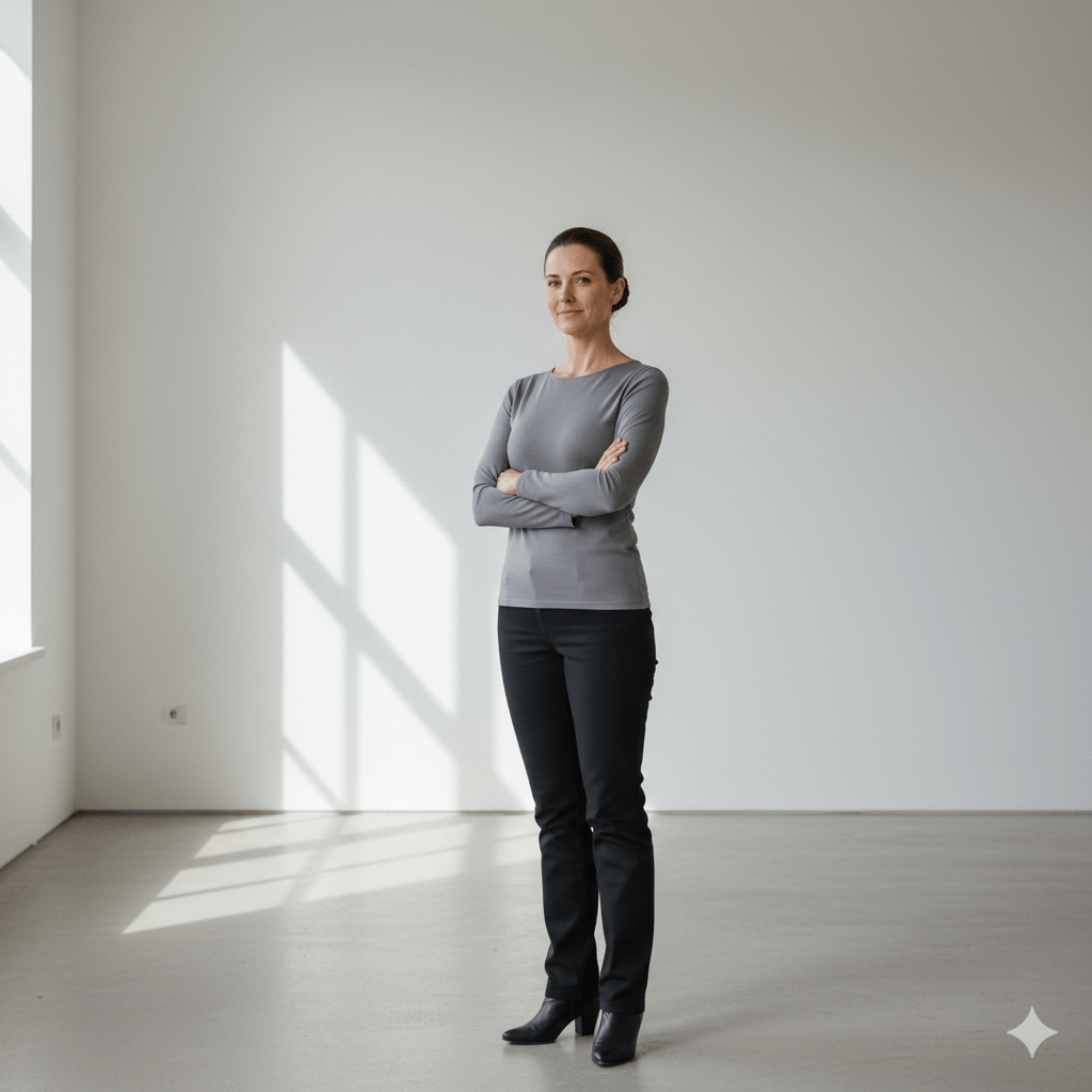 Confident woman standing with arms crossed in a bright, empty room wearing a gray long-sleeve shirt and black pants.