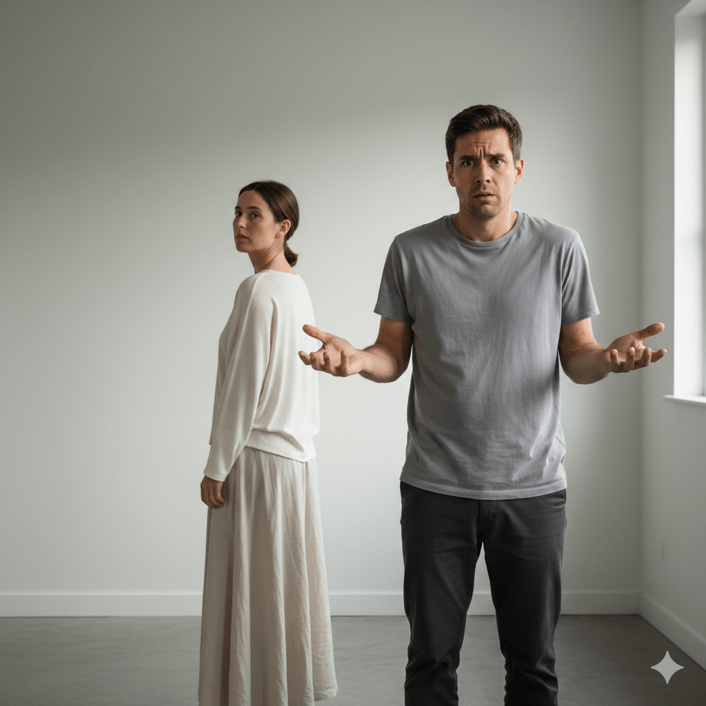 Man in gray shirt gestures confusedly while woman in white looks away, both appearing upset in a plain room.