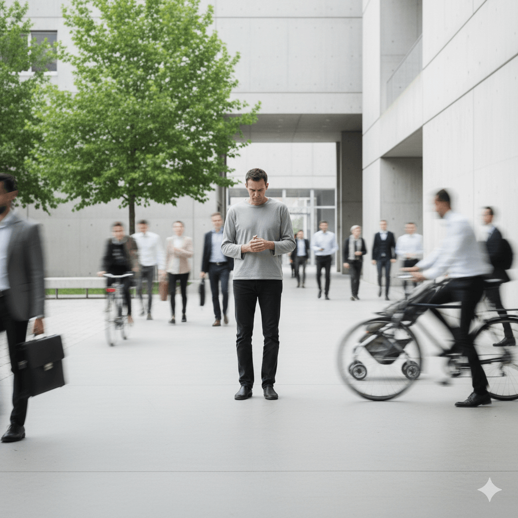 Man in gray sweater standing still among blurred moving people and cyclists in urban plaza with trees and modern buildings