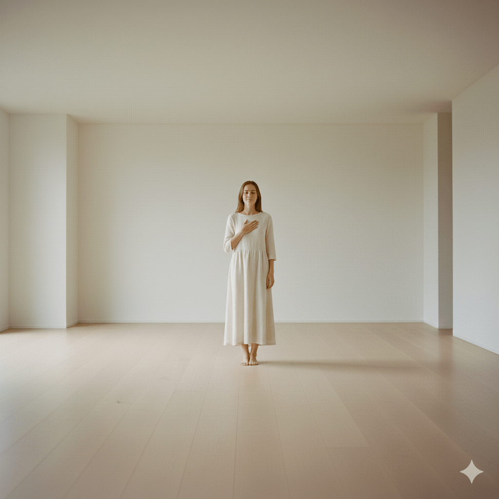 Woman in a white dress standing barefoot in an empty room with her hand on her chest and eyes closed.