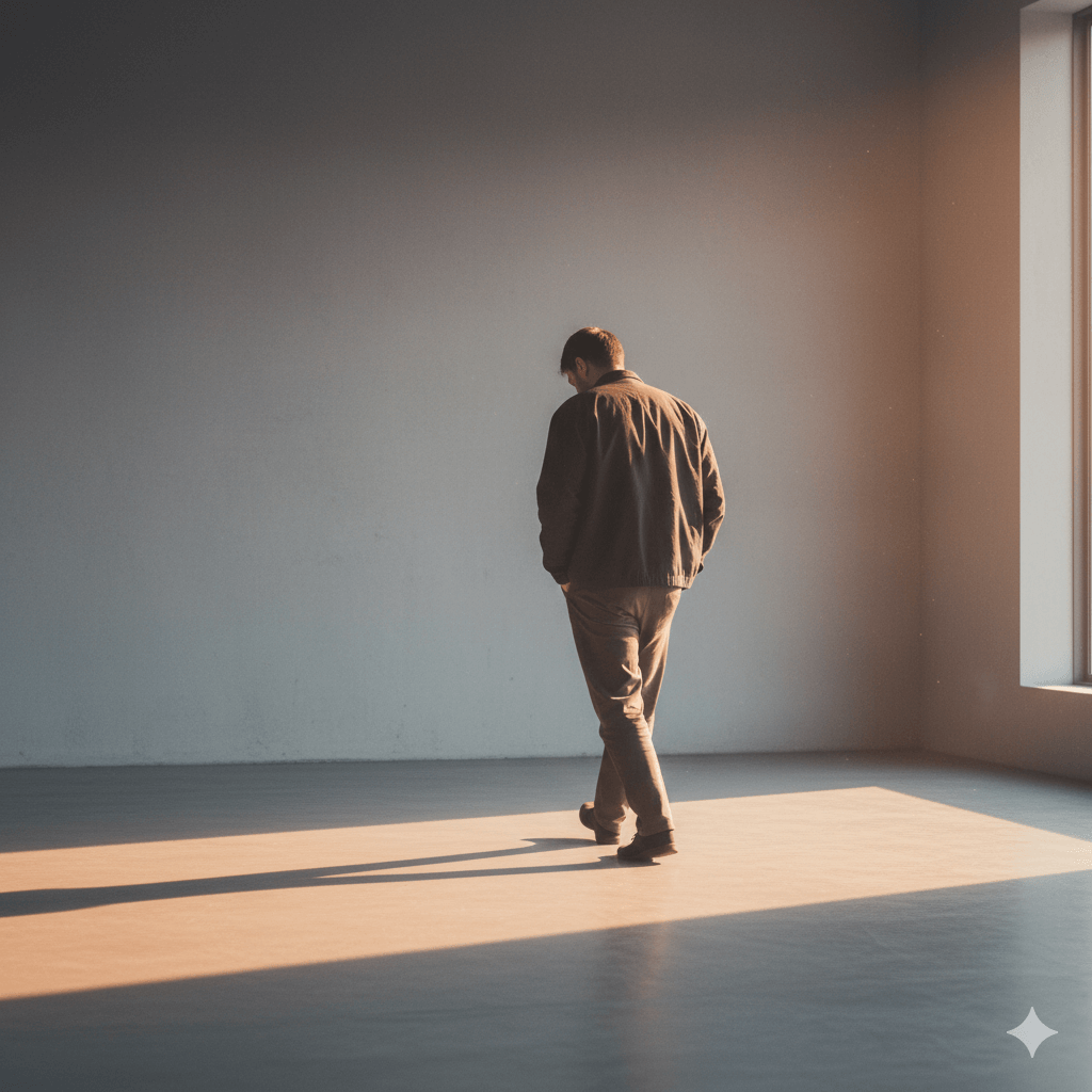 Man in dark jacket walking alone in a sunlit empty room with hands in pockets and head down