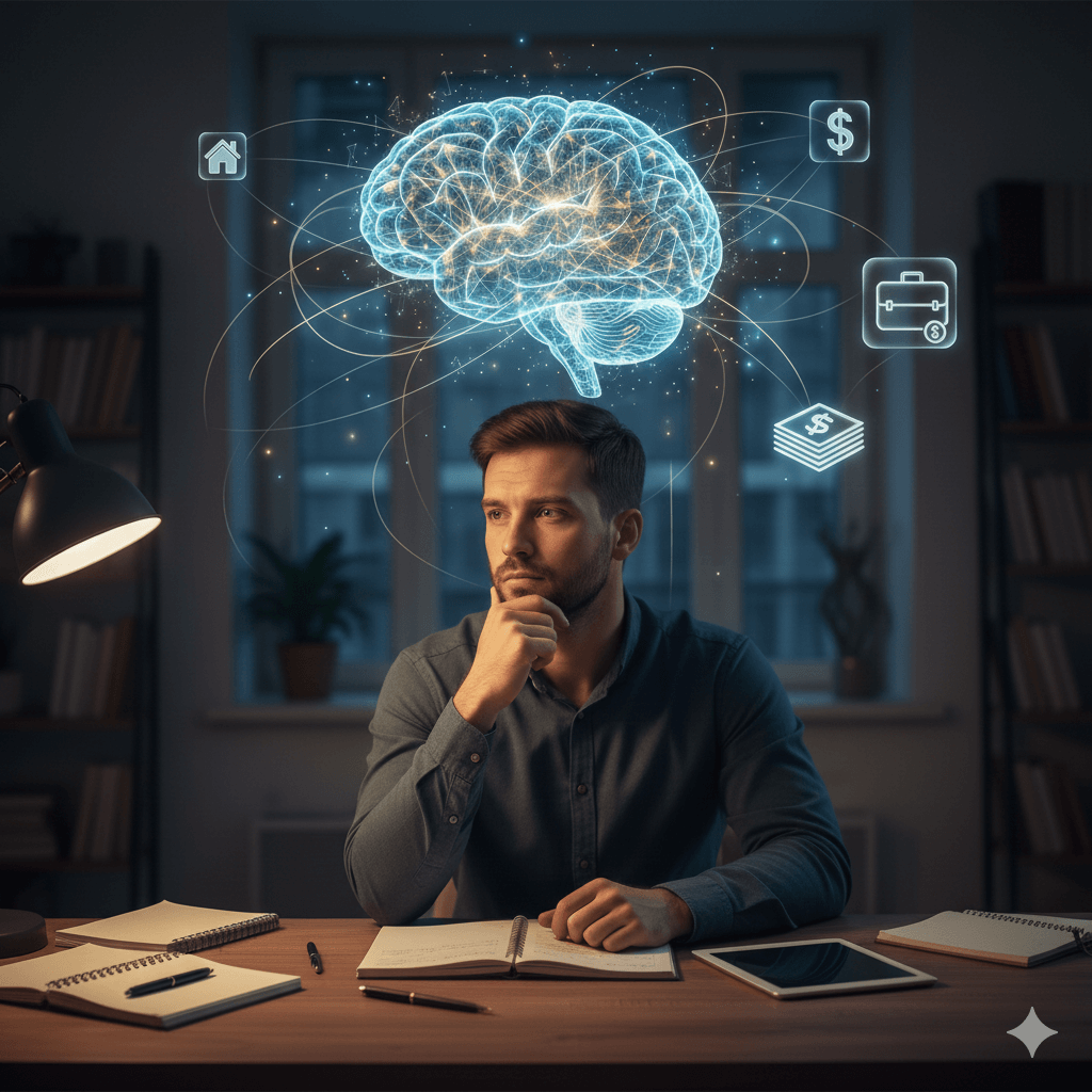 Man sitting at desk with digital brain and financial icons representing ideas and money management.
