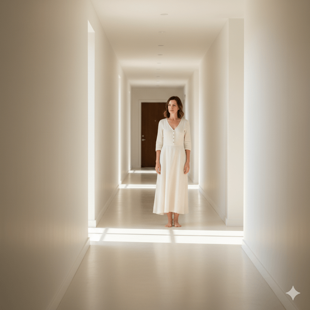 Woman in a long white dress standing barefoot in a bright, minimalist hallway with white walls and a wooden door at the end