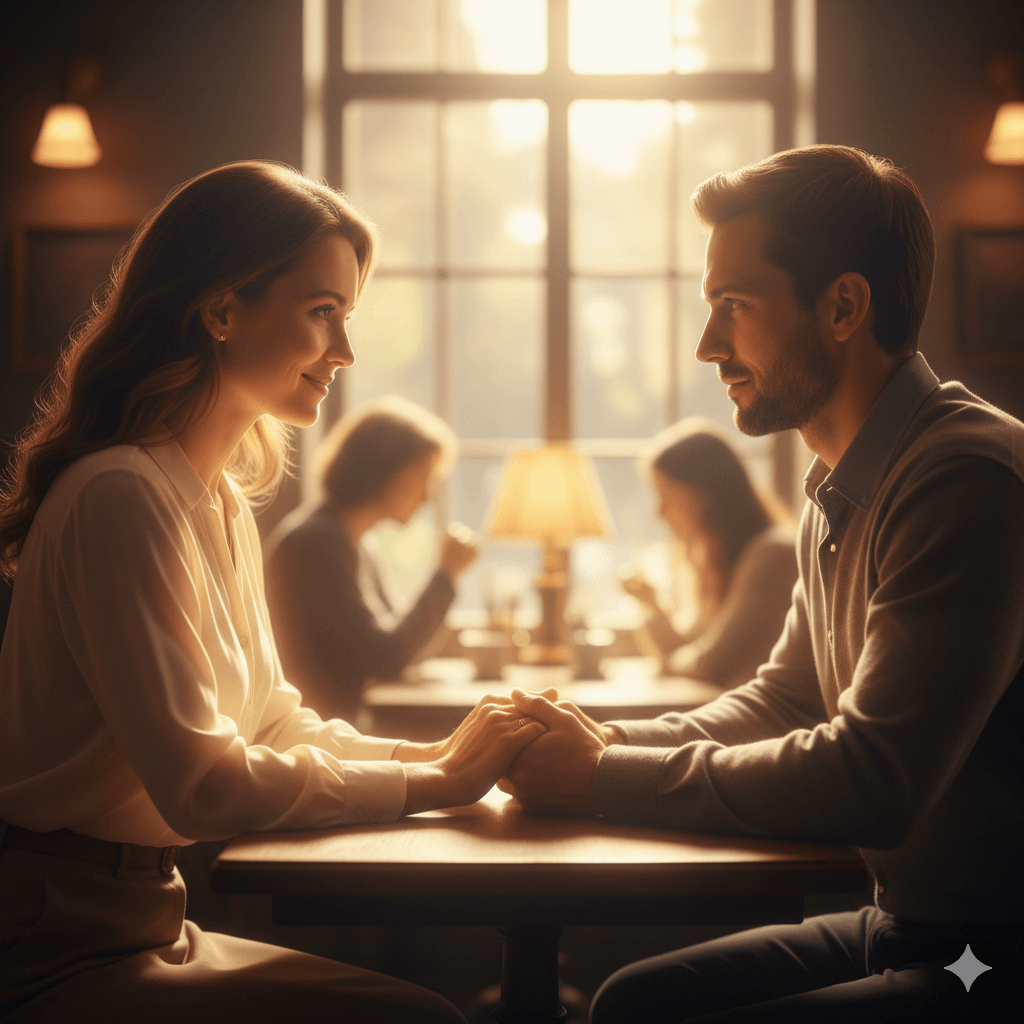 Couple holding hands and gazing at each other across a table in a warmly lit café.