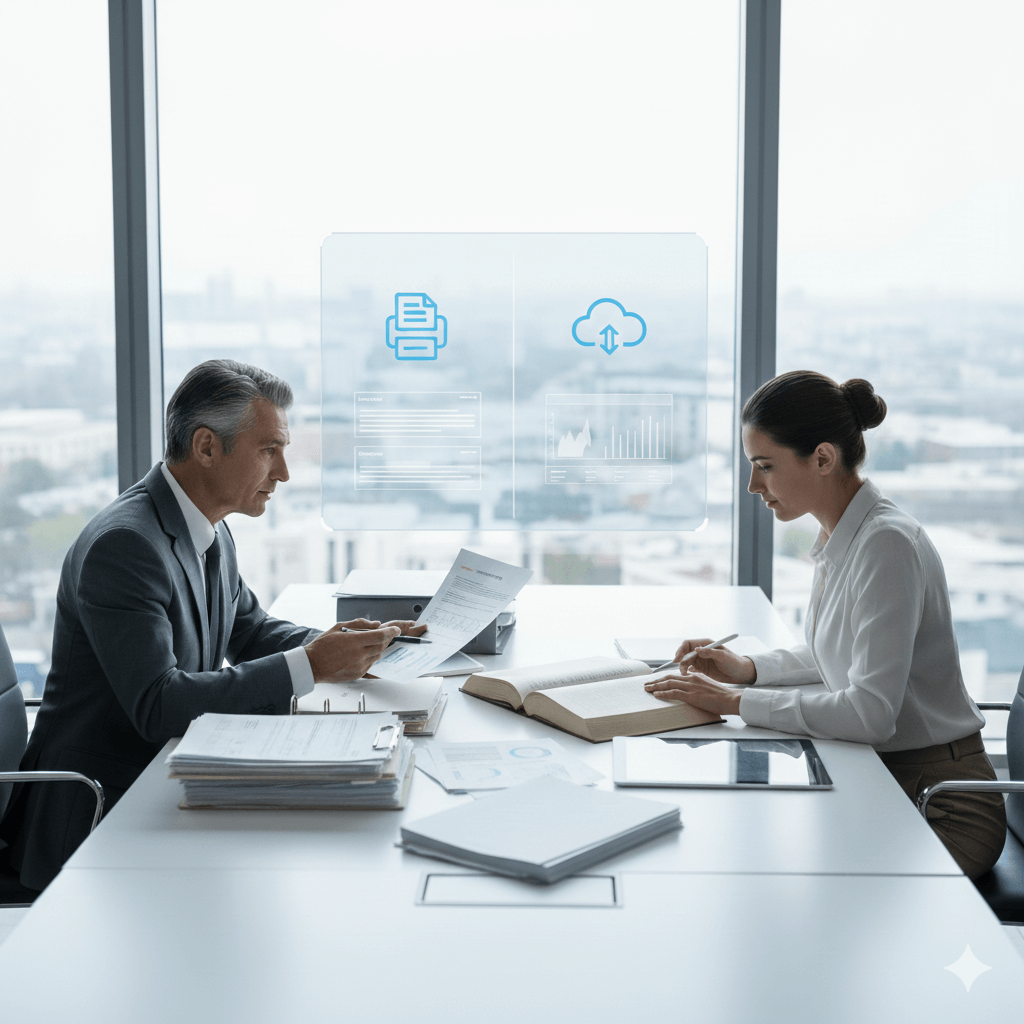 Two business professionals reviewing documents at a table with digital icons of printing and cloud upload in an office.