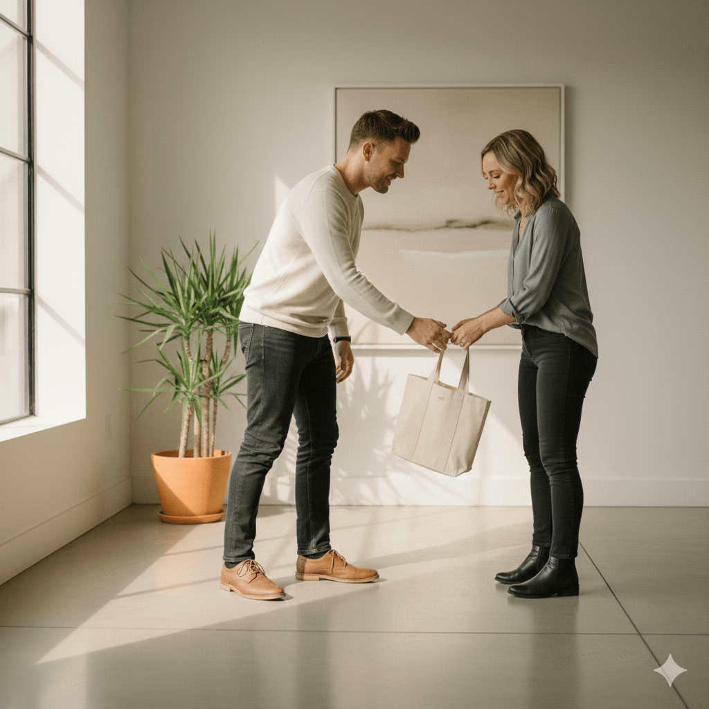 Man and woman exchanging a beige tote bag in a sunlit room with a potted plant and abstract wall art
