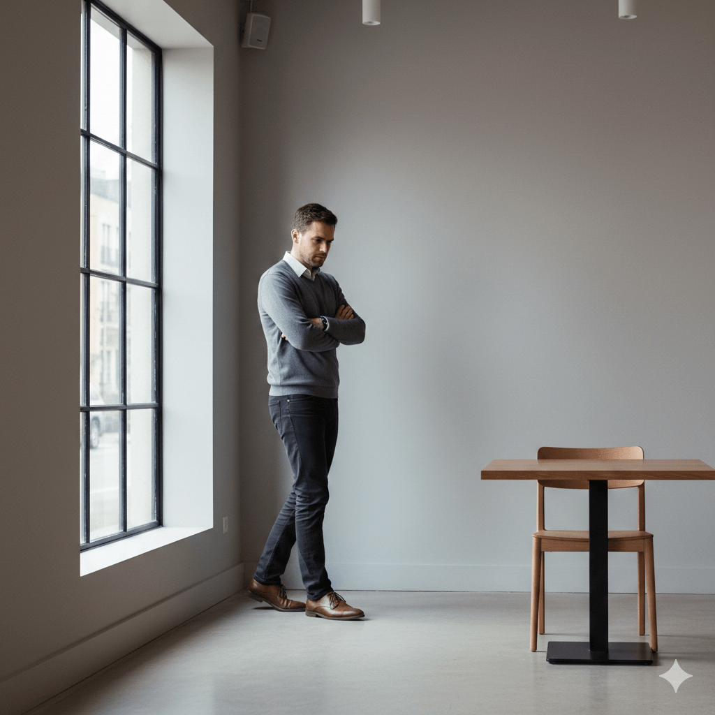 Man in gray sweater and brown shoes standing with arms crossed near large window in minimalist room