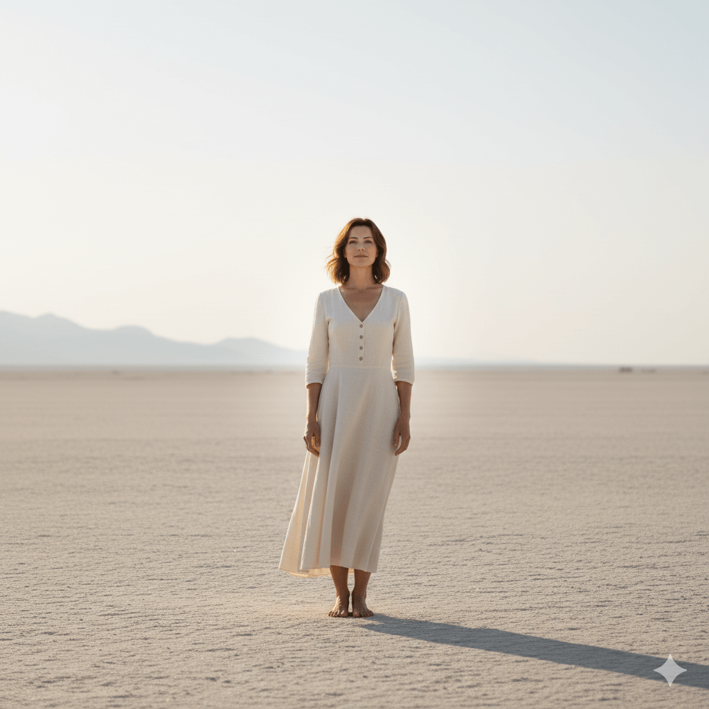 Woman in a long beige dress standing barefoot on a vast desert plain with mountains in the background