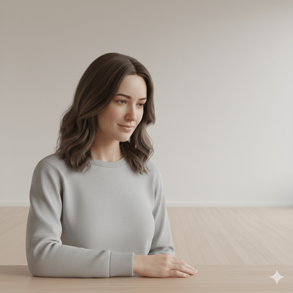 Young woman with wavy brown hair wearing a light gray sweater sitting at a wooden table in a minimalistic room